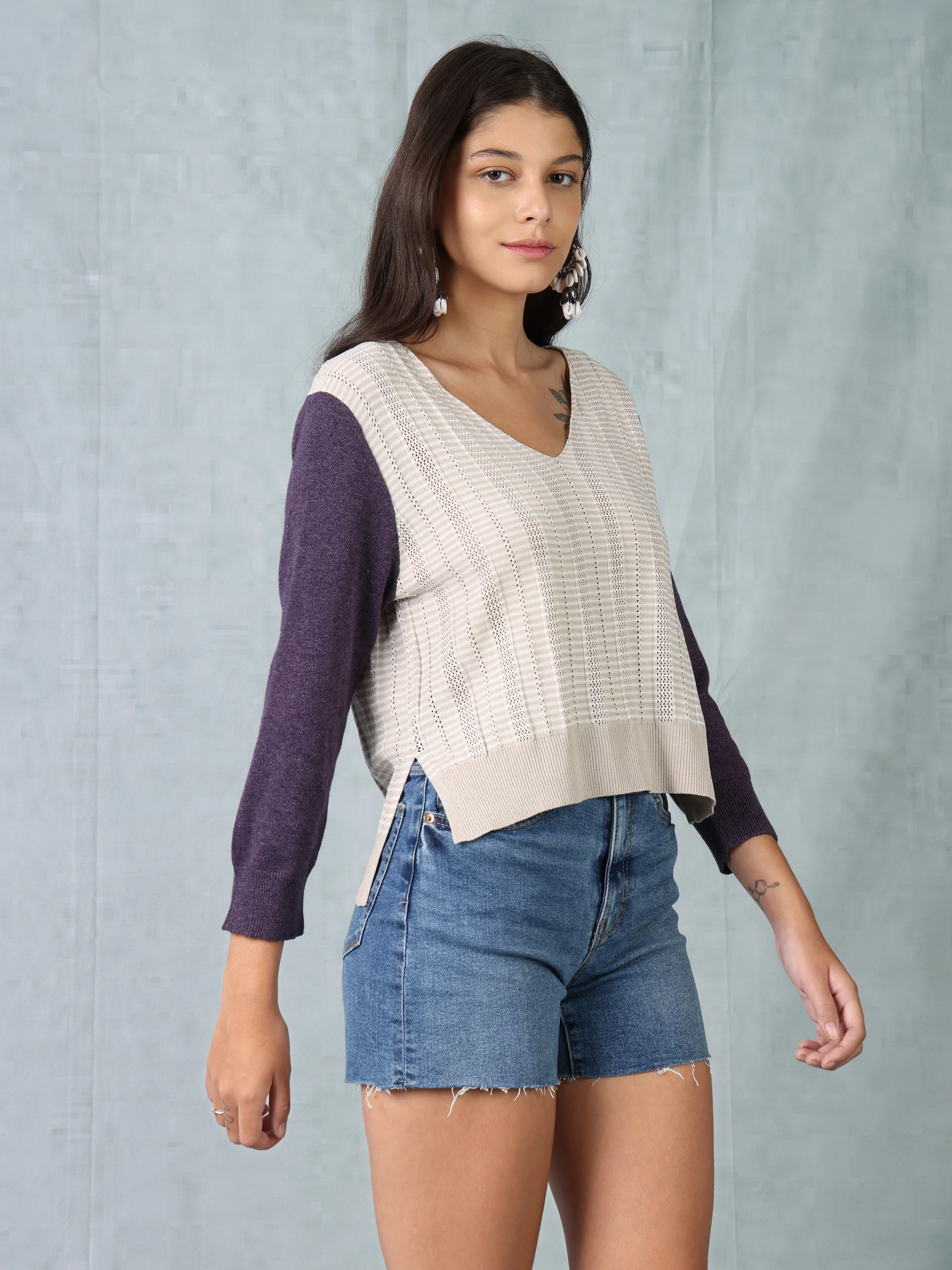 Women Beige & Purple Regular Fit Knitted Top