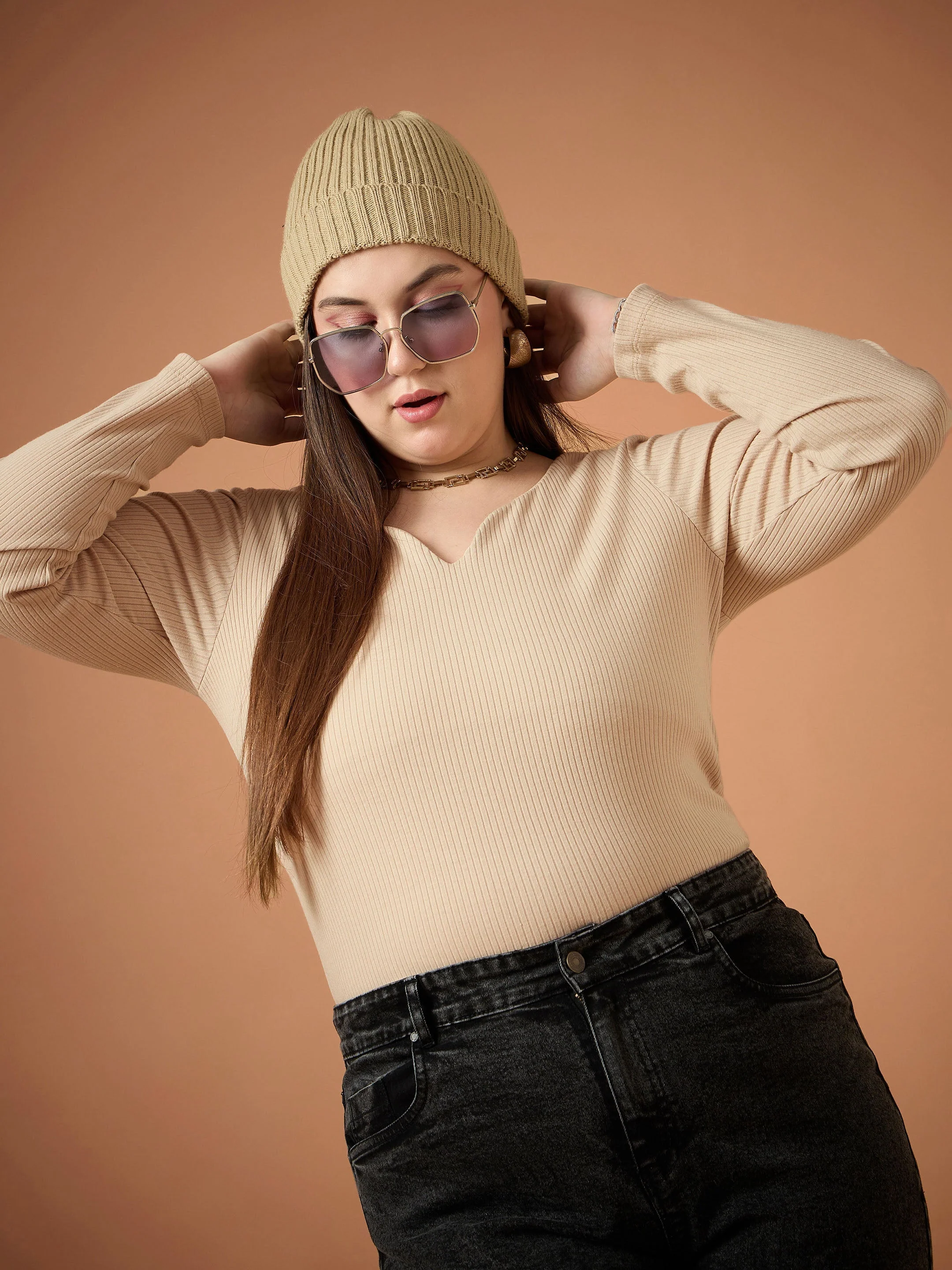 Women Beige Rib Full Sleeves Top