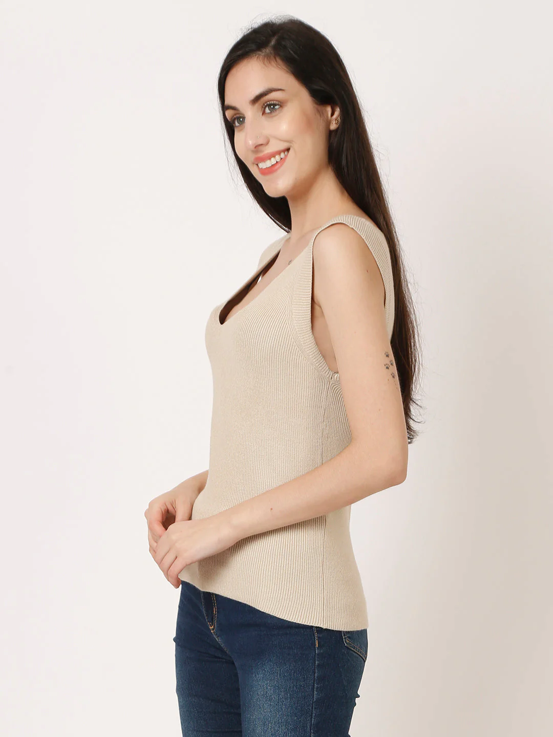 Women Beige Ribbed Top - Image 2