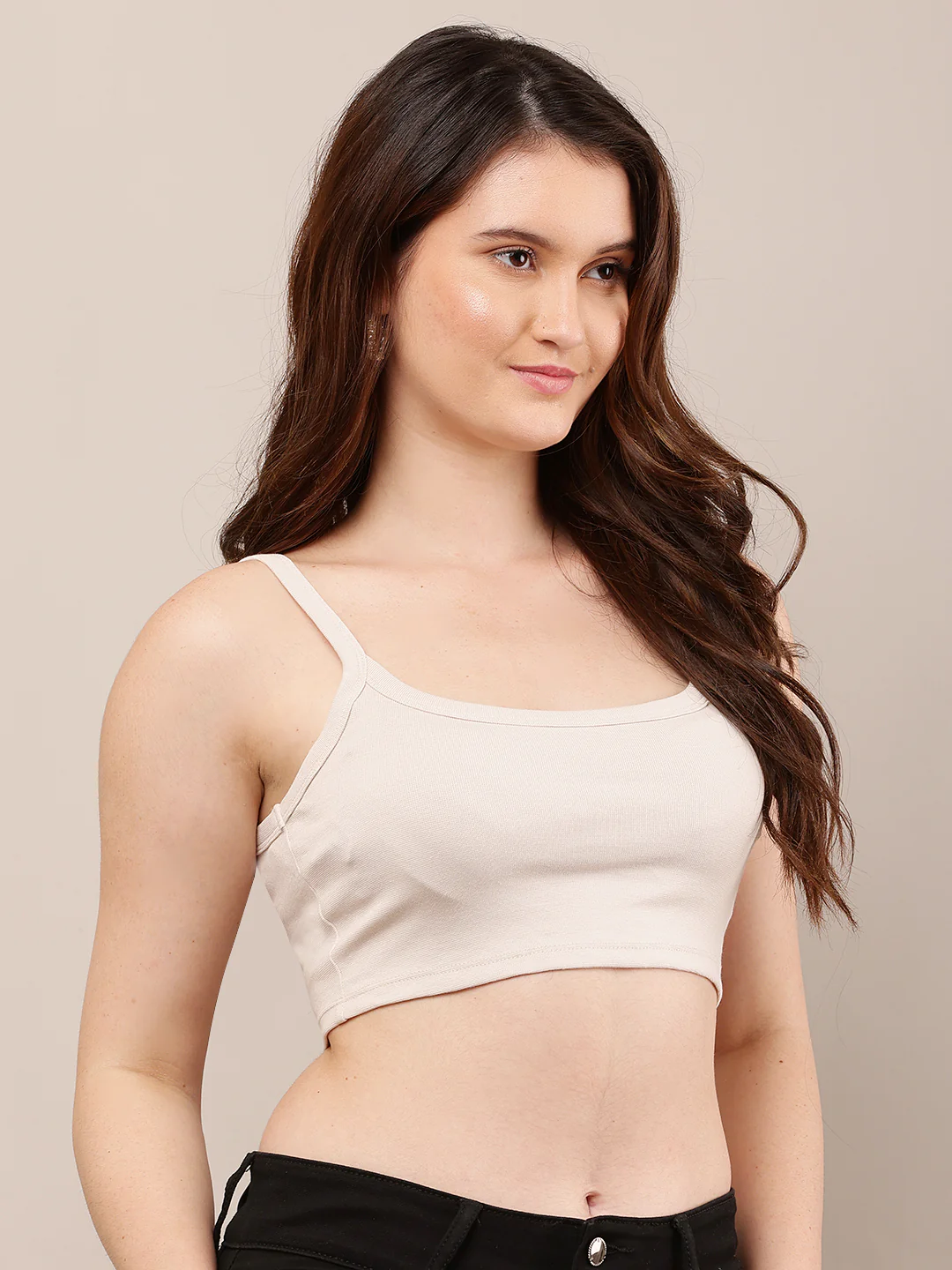 Women Beige Sleeveless Square Neck Crop Top - Image 2