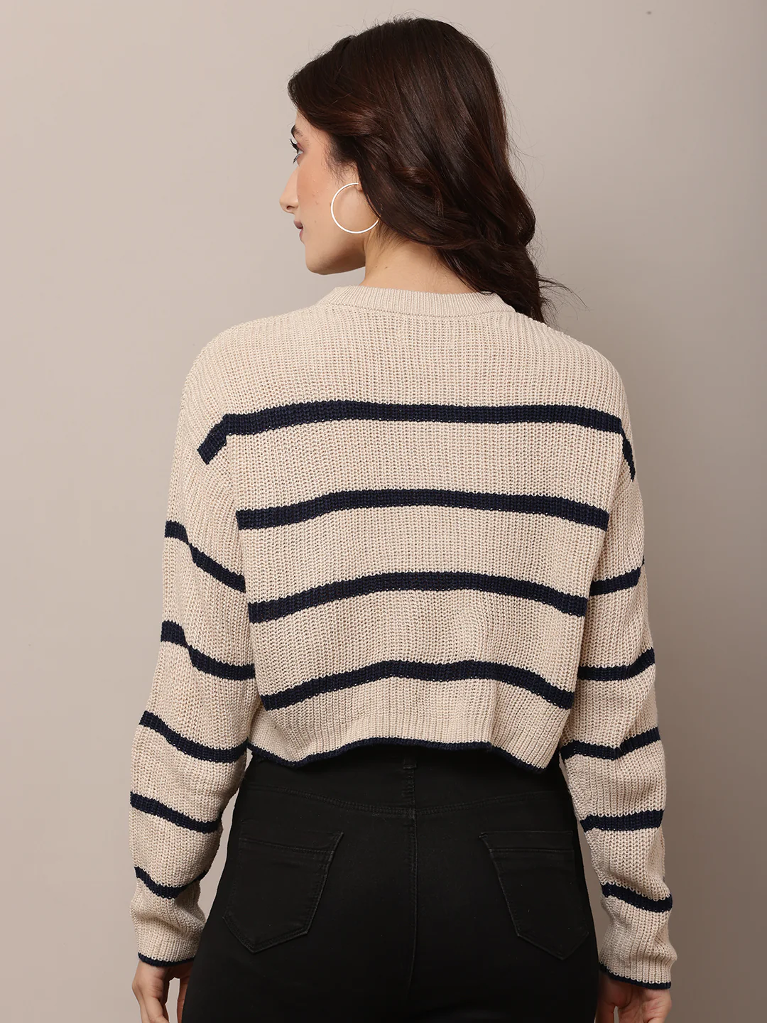 Women Beige Striped Round Neck Sweater - Image 4