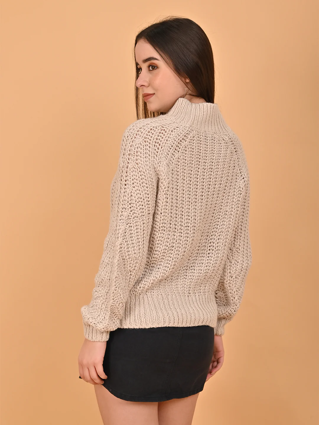 Women Beige Turtleneck Sweater - Image 3