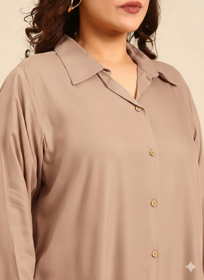 Women Beige Twill Long Line Shirt - Image 4