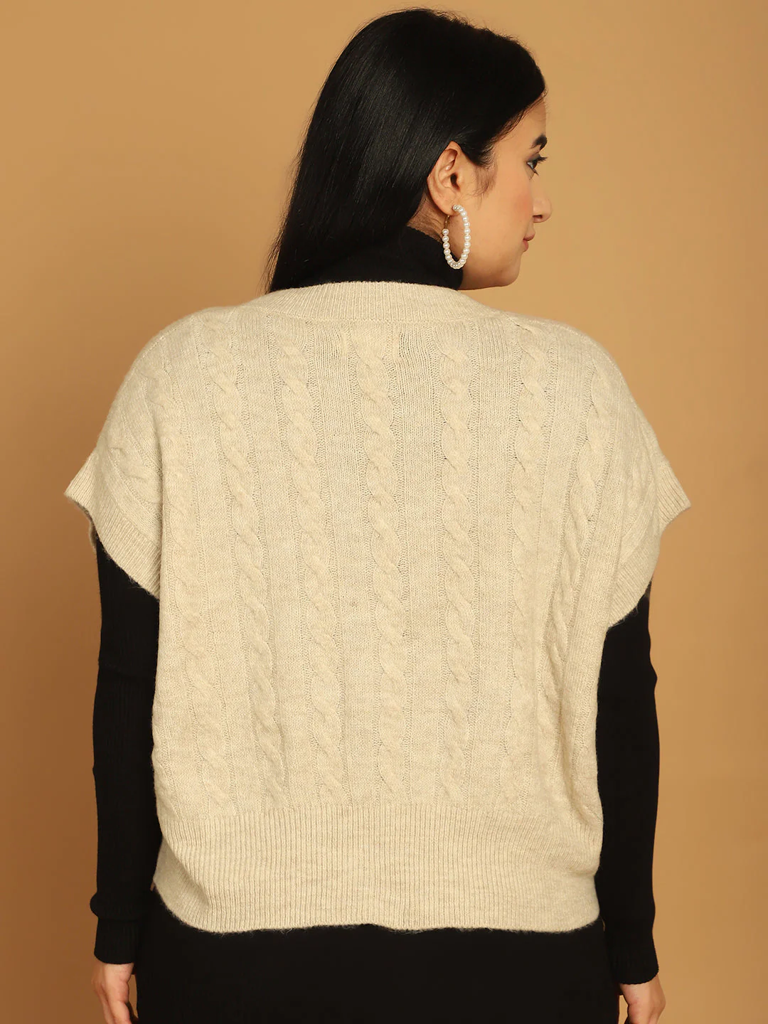Women Beige V Neck Sweater - Image 5