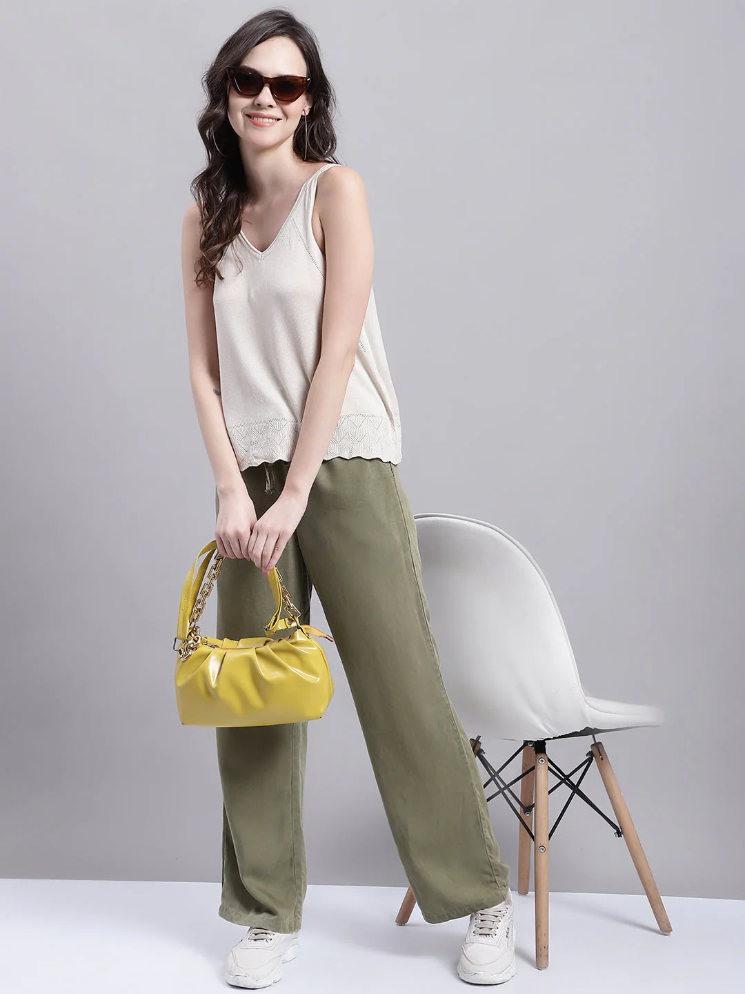 Women Beige V Neck Top - Image 4