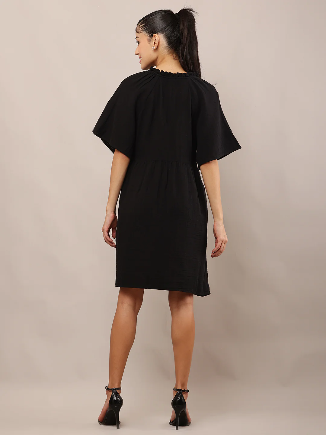 Women Black A-Line Cotton Ruffle Neck Dress - Image 4