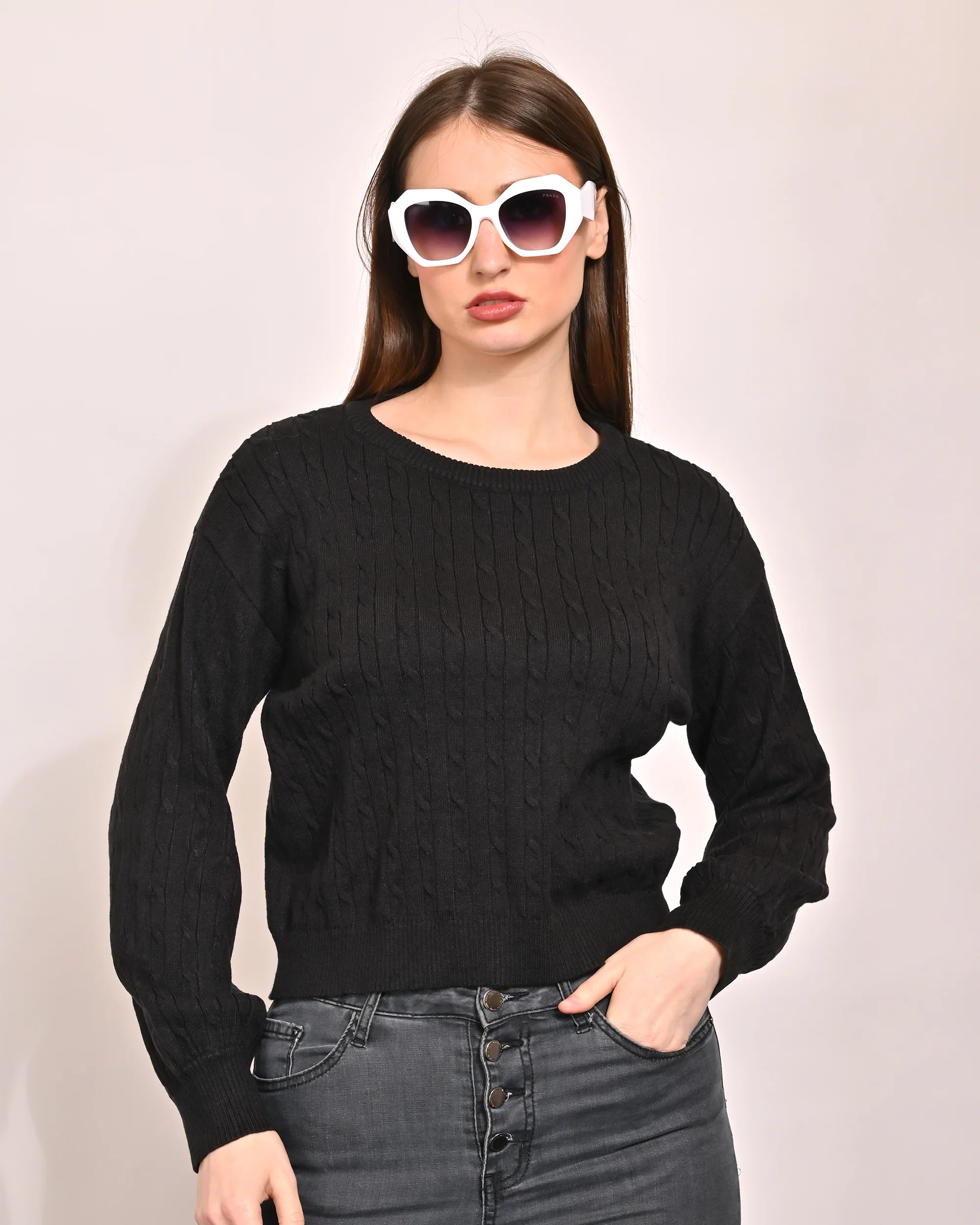 Women Black Acrylic Crop Sweater - Image 2