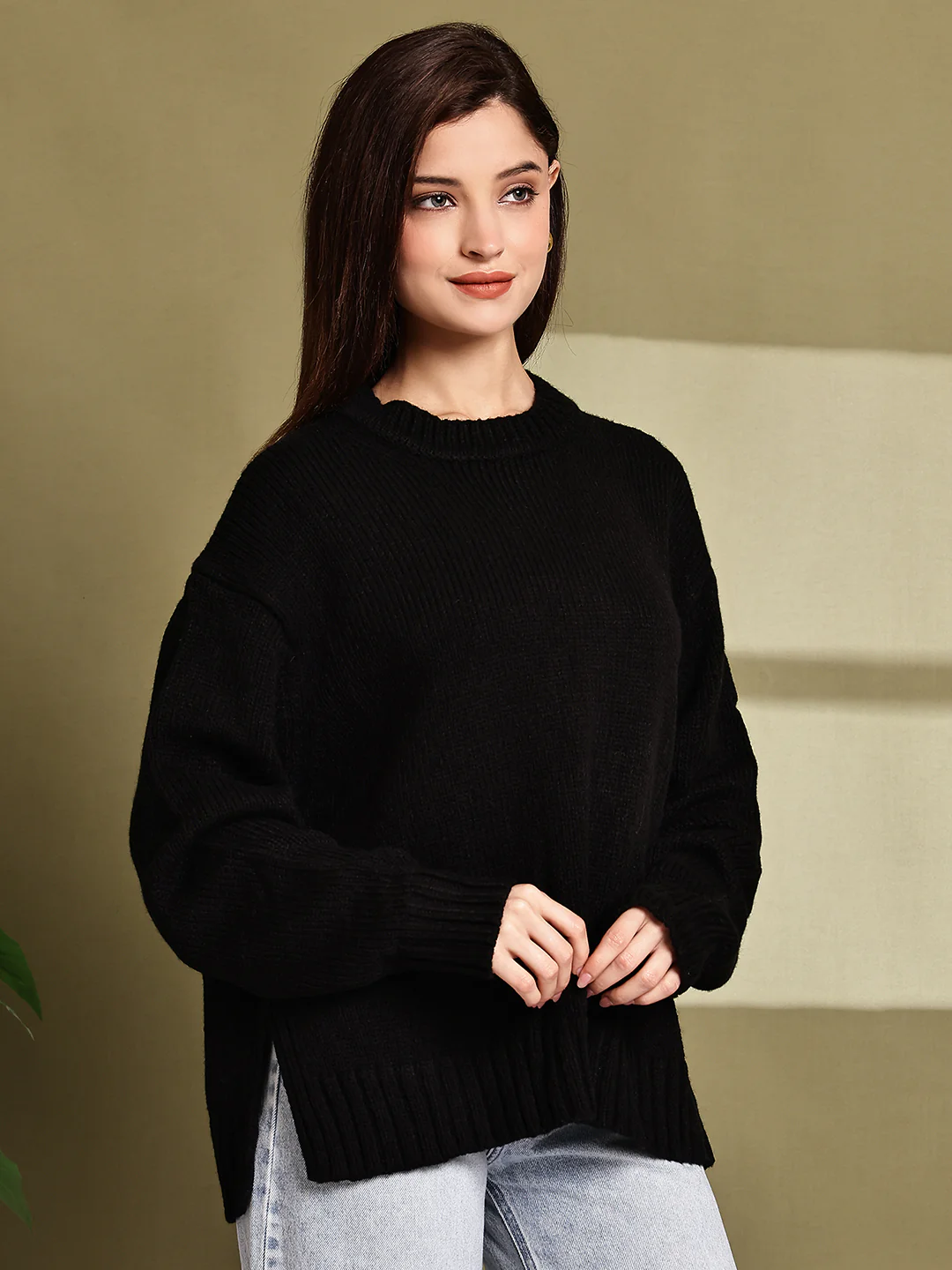 Women Black Acrylic Full Sleeve Knit Sweater - Image 2