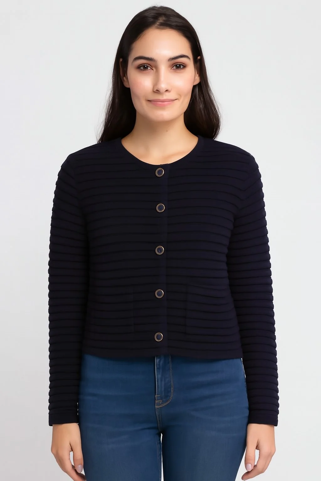 Women Black Acrylic Full Sleeve with Round Neck Ribbed Cardigan - Image 2