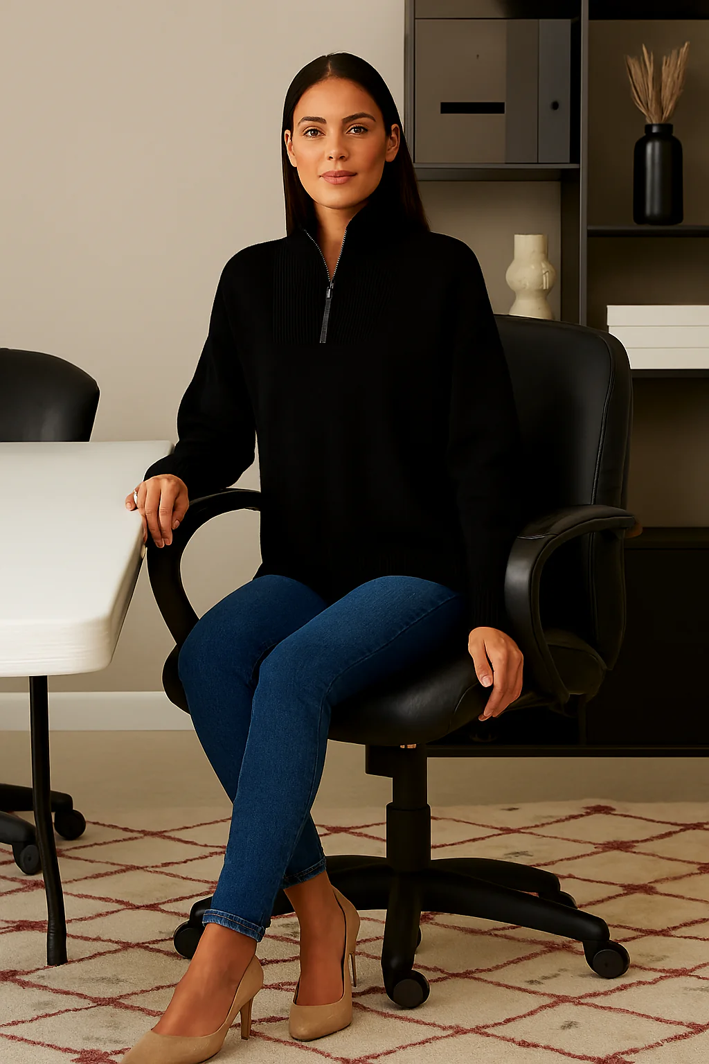 Women Black Acrylic Solid Zip-Front Sweater - Image 5