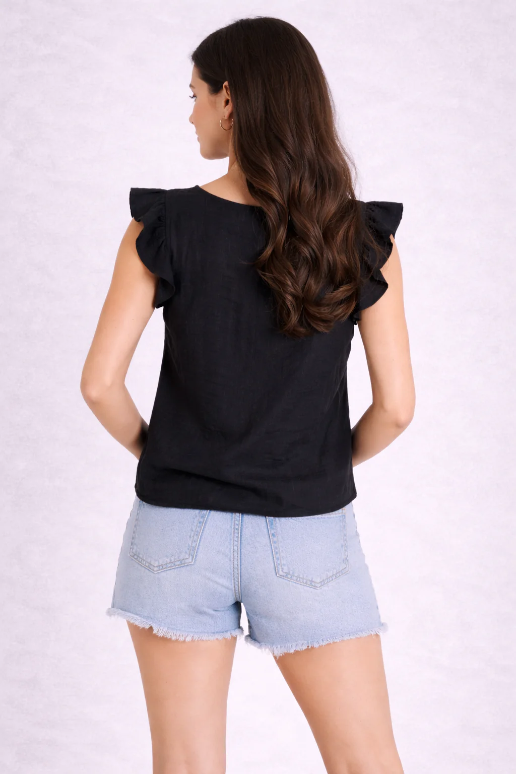 Women Black Cotton Flutter Sleeve Top - Image 2