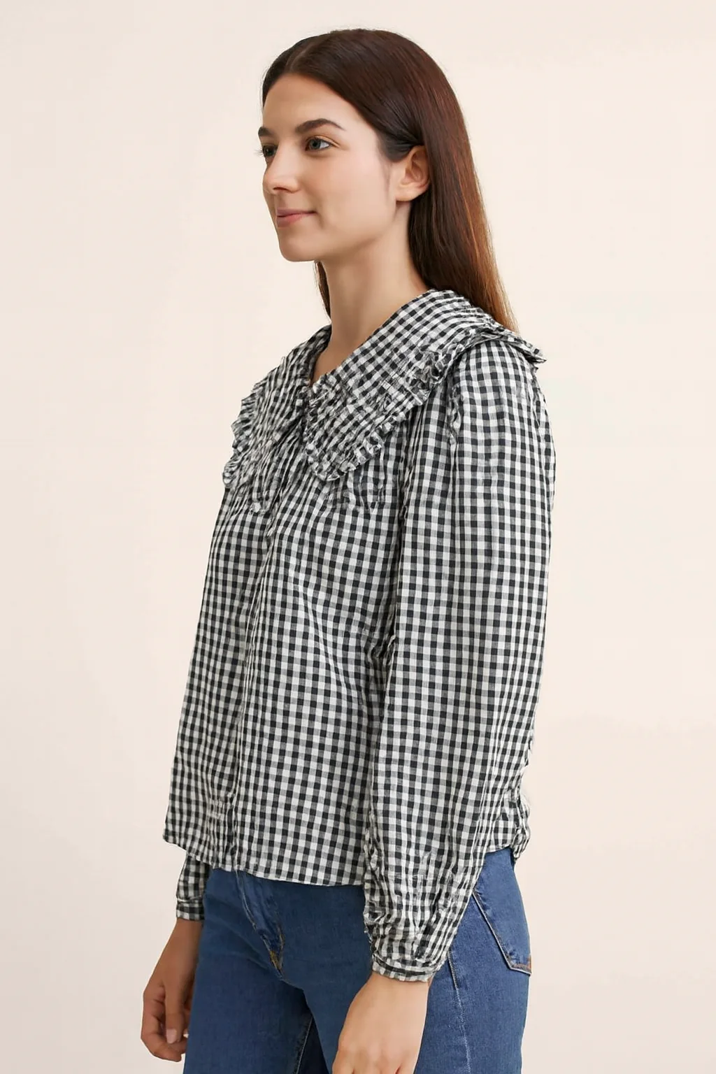 Women Black Cotton Gingham Frill Collar Shirt - Image 4
