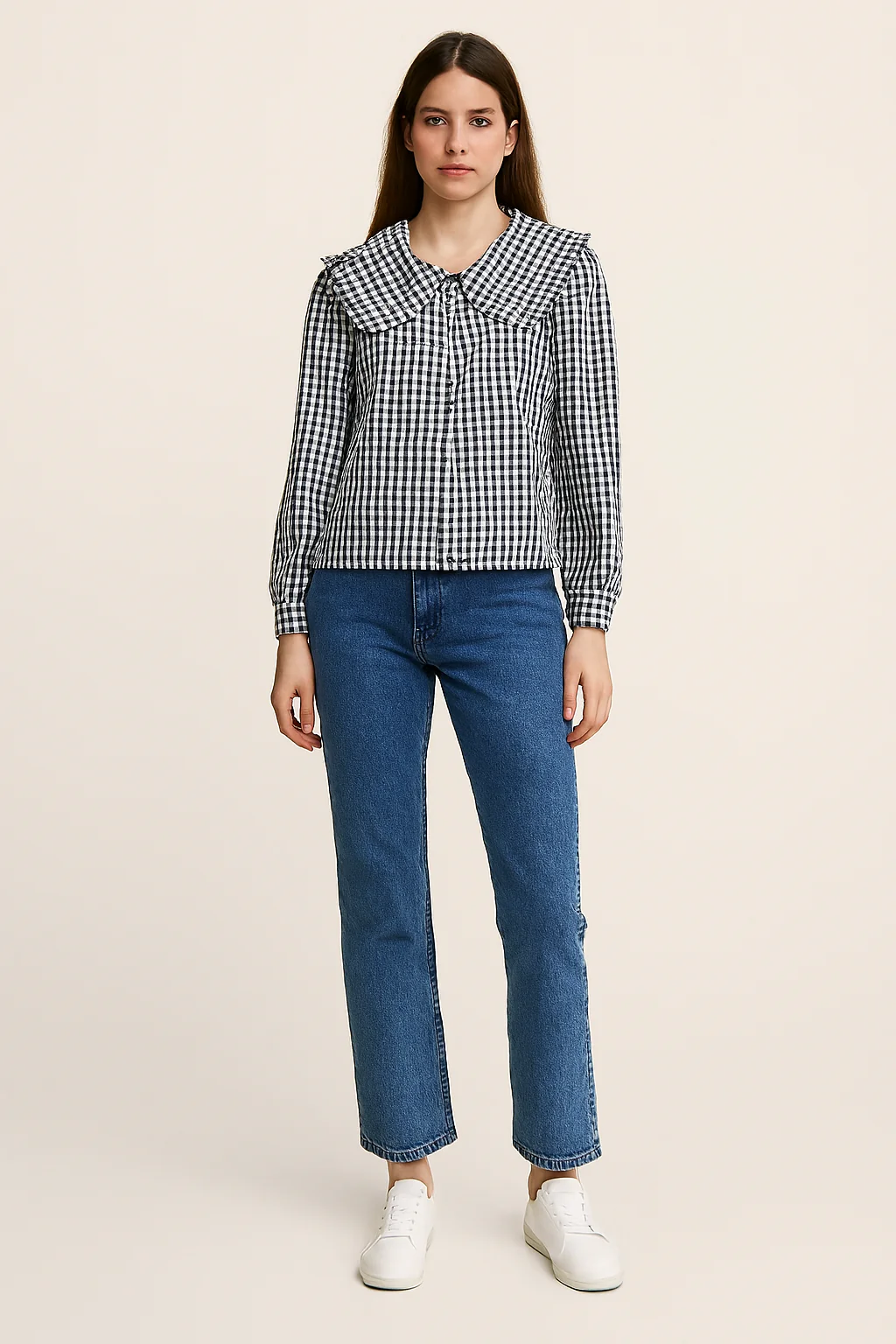 Women Black Cotton Gingham Frill Collar Shirt - Image 5