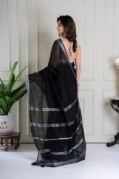 Women Black Cotton Silk Sequence Saree