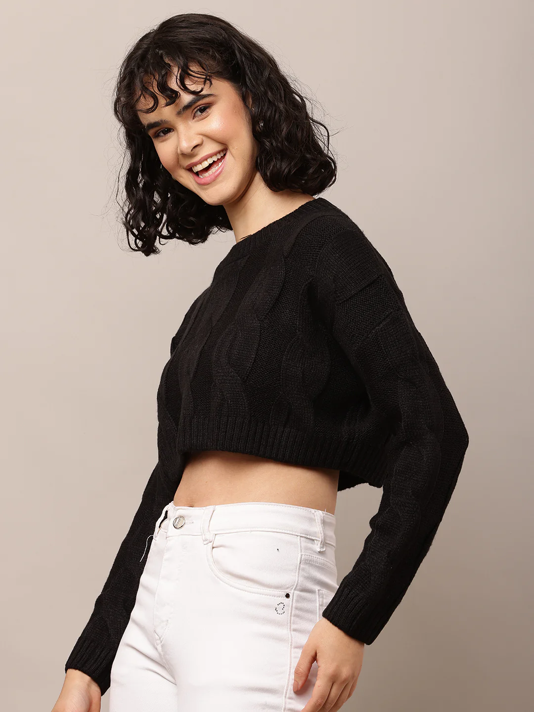 Women Black Crop Sweater with Round Neck - Image 2