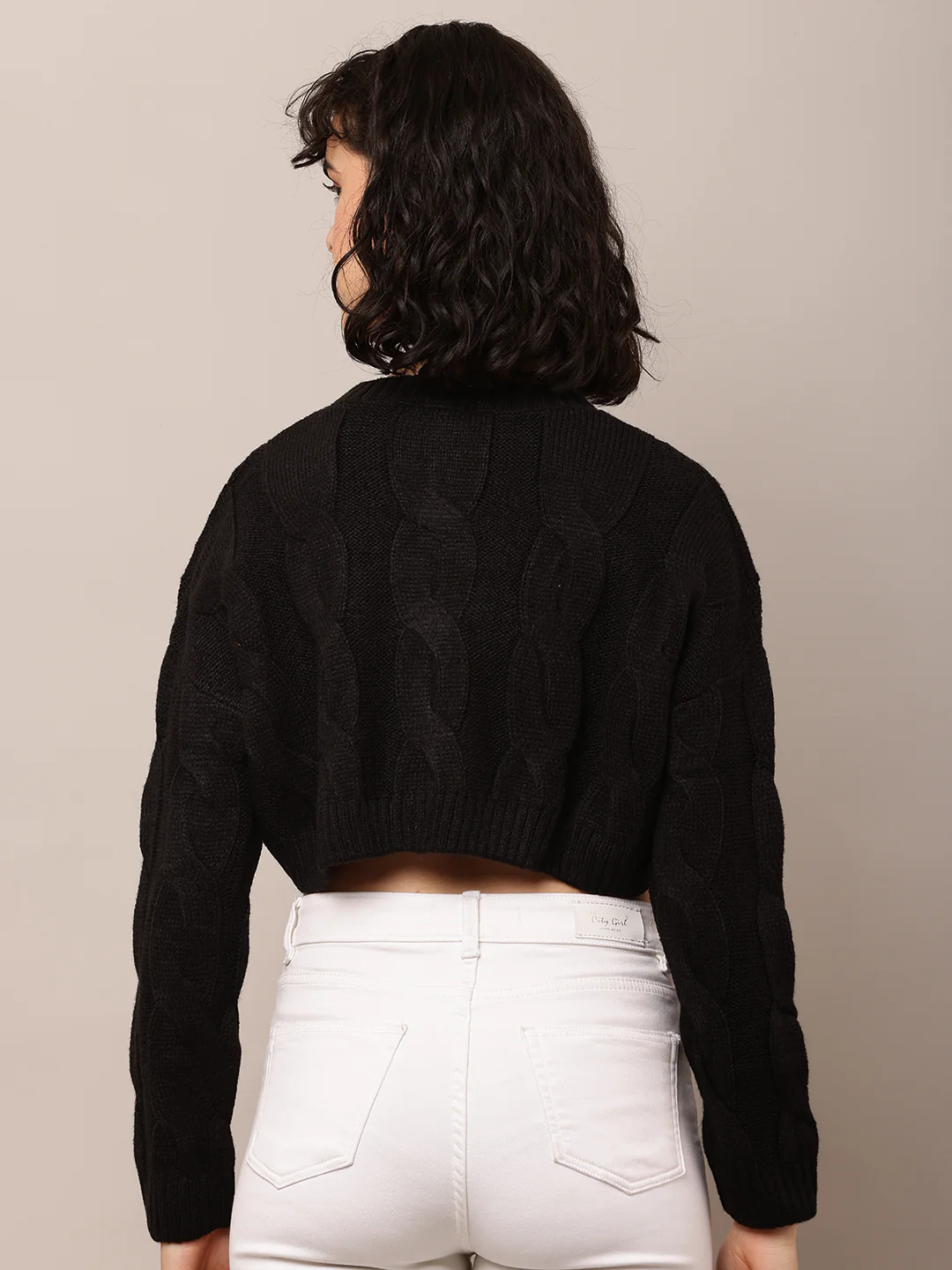 Women Black Crop Sweater with Round Neck - Image 4