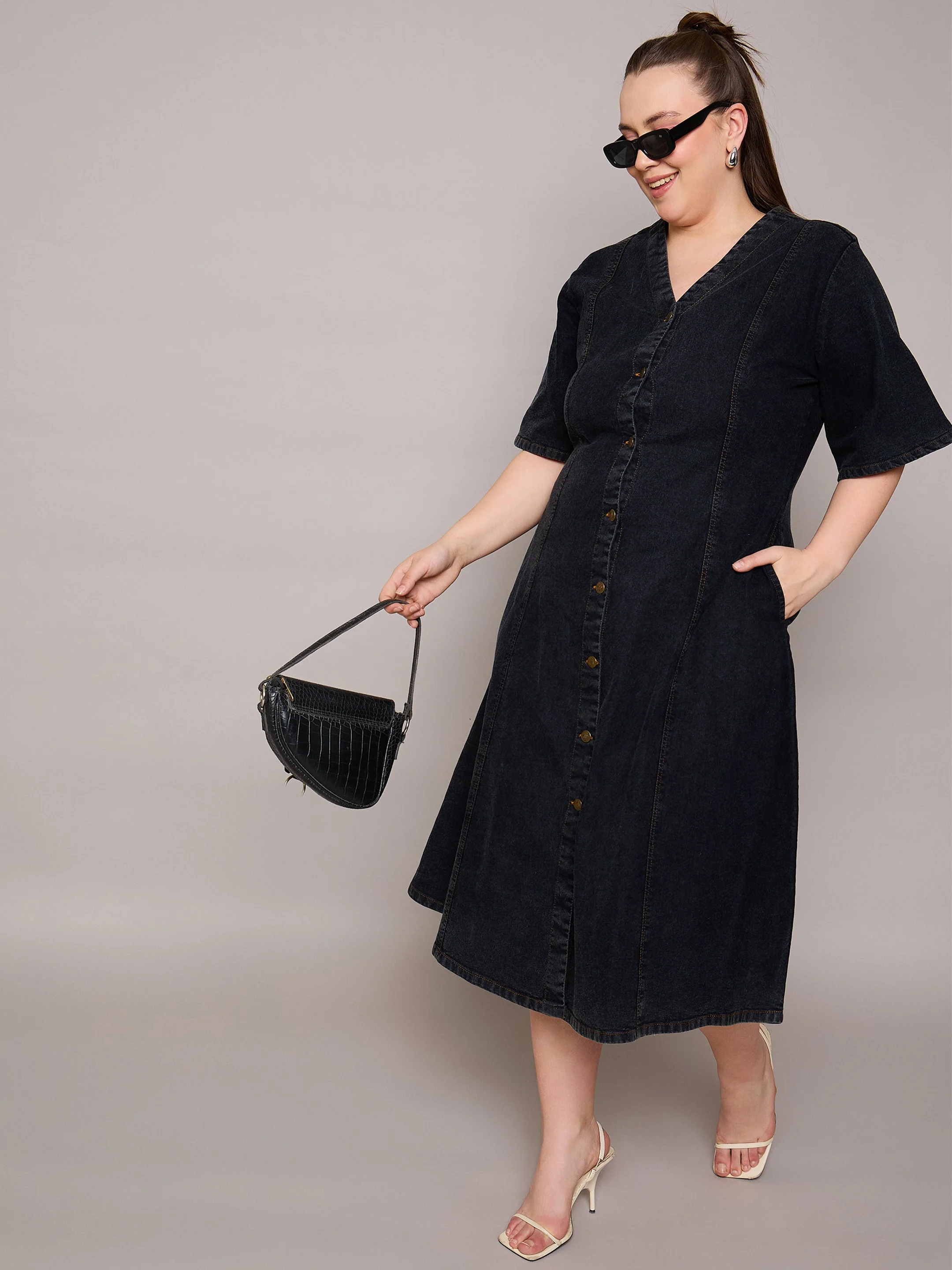 Women Black Denim V Neck Midi Dress