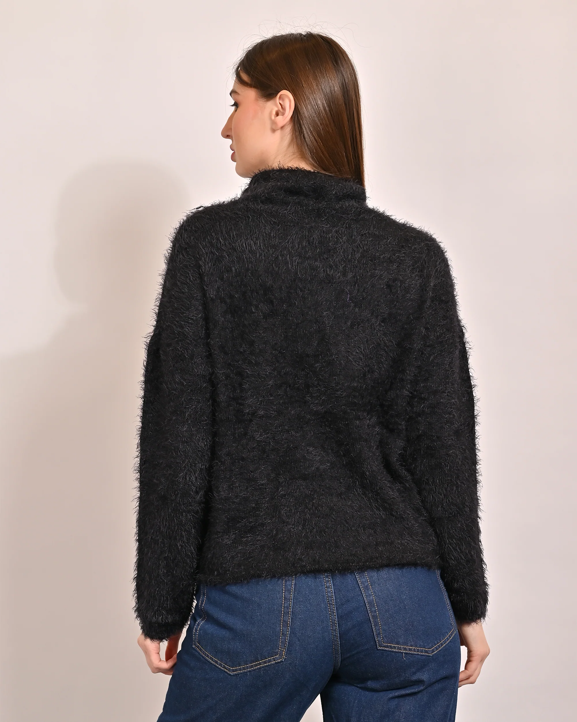 Women Black Faux Fur Sweater - Image 3
