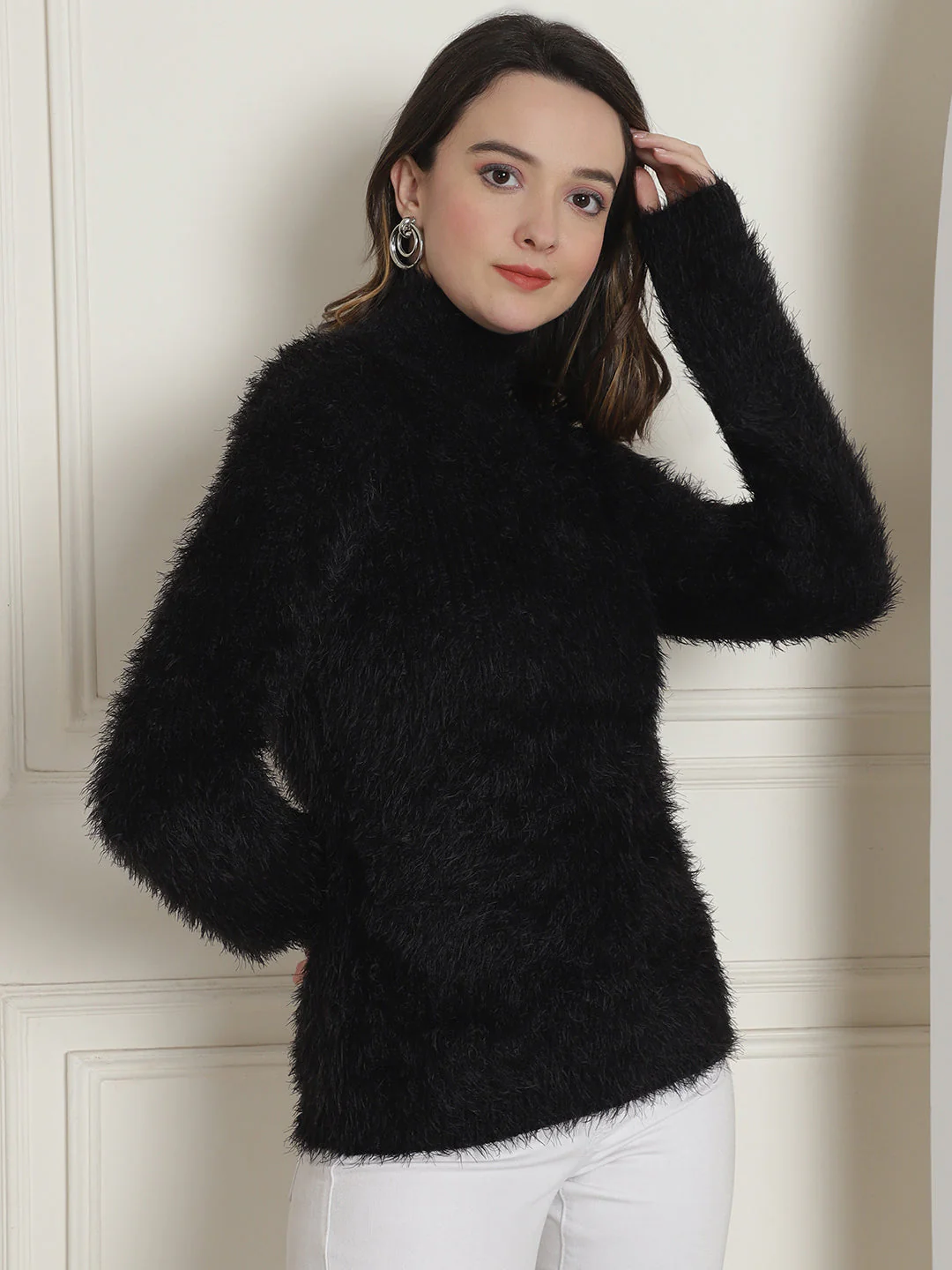 Women Black Fitted High Neck Sweater - Image 6