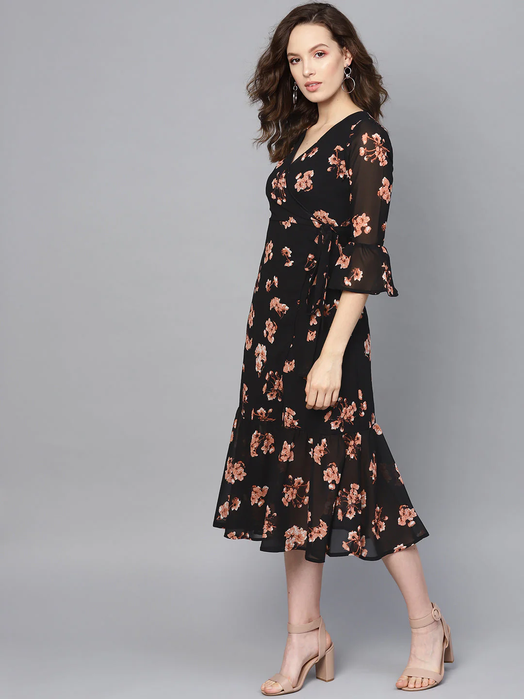 Women Black Floral Wrap Tie Dress - Image 2