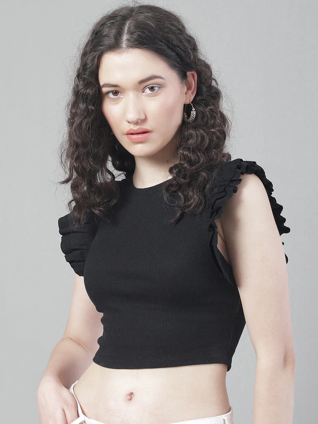 Women Black Frilled Crop Top - Image 2