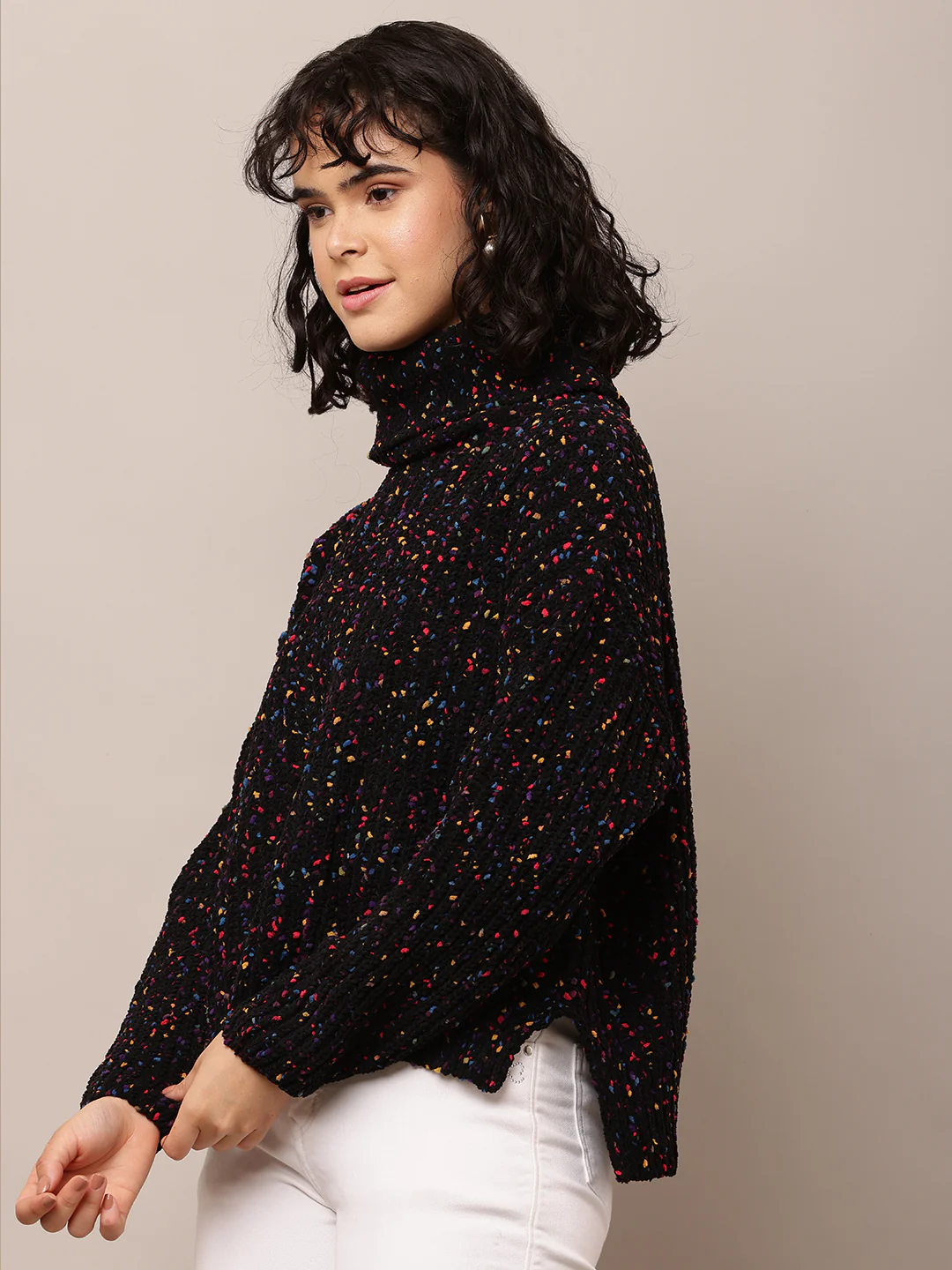 Women Black High-Neck Printed Acrylic Sweater - Image 2
