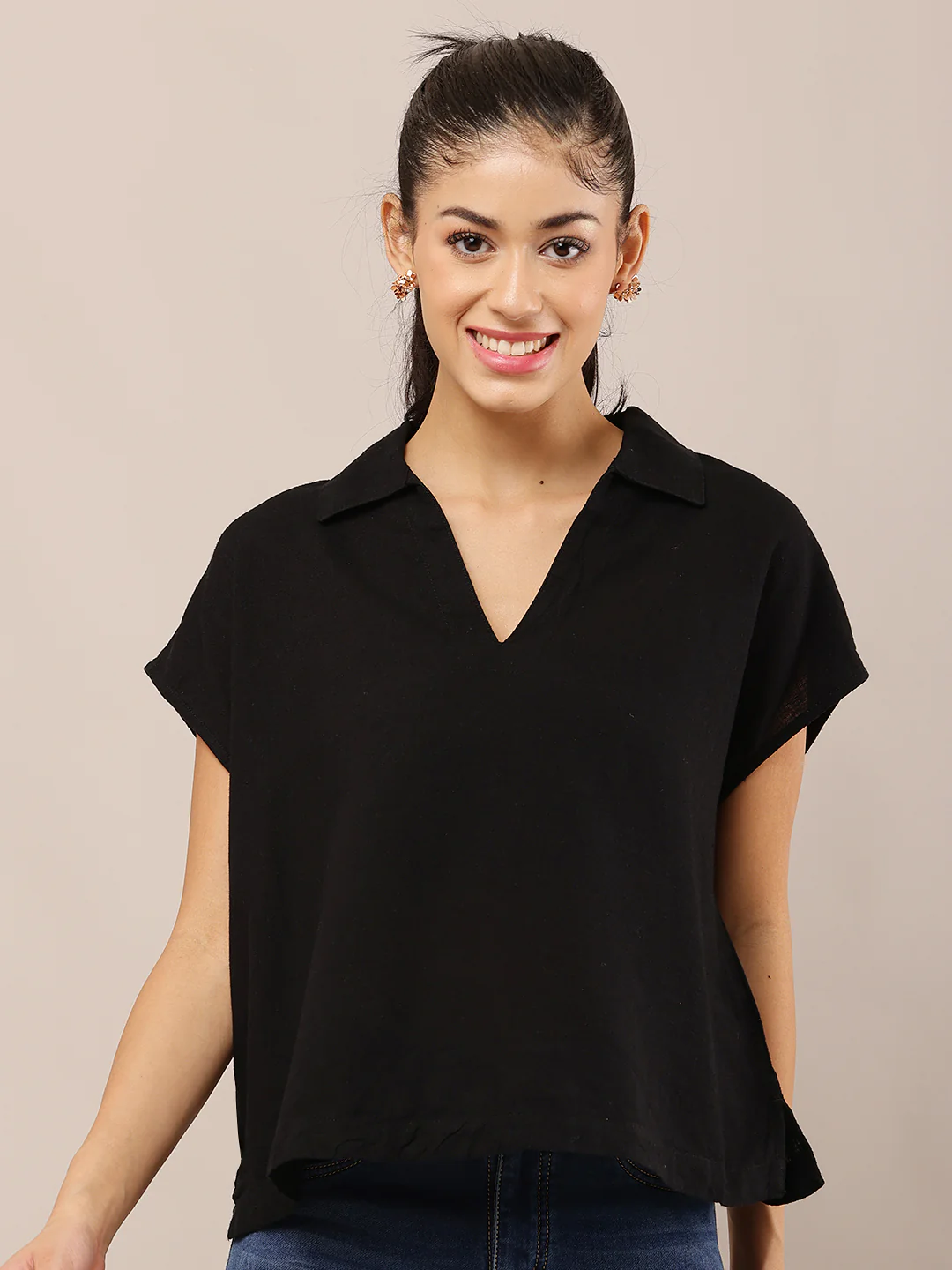 Women Black Linen Blend V-Neck Relaxed Top