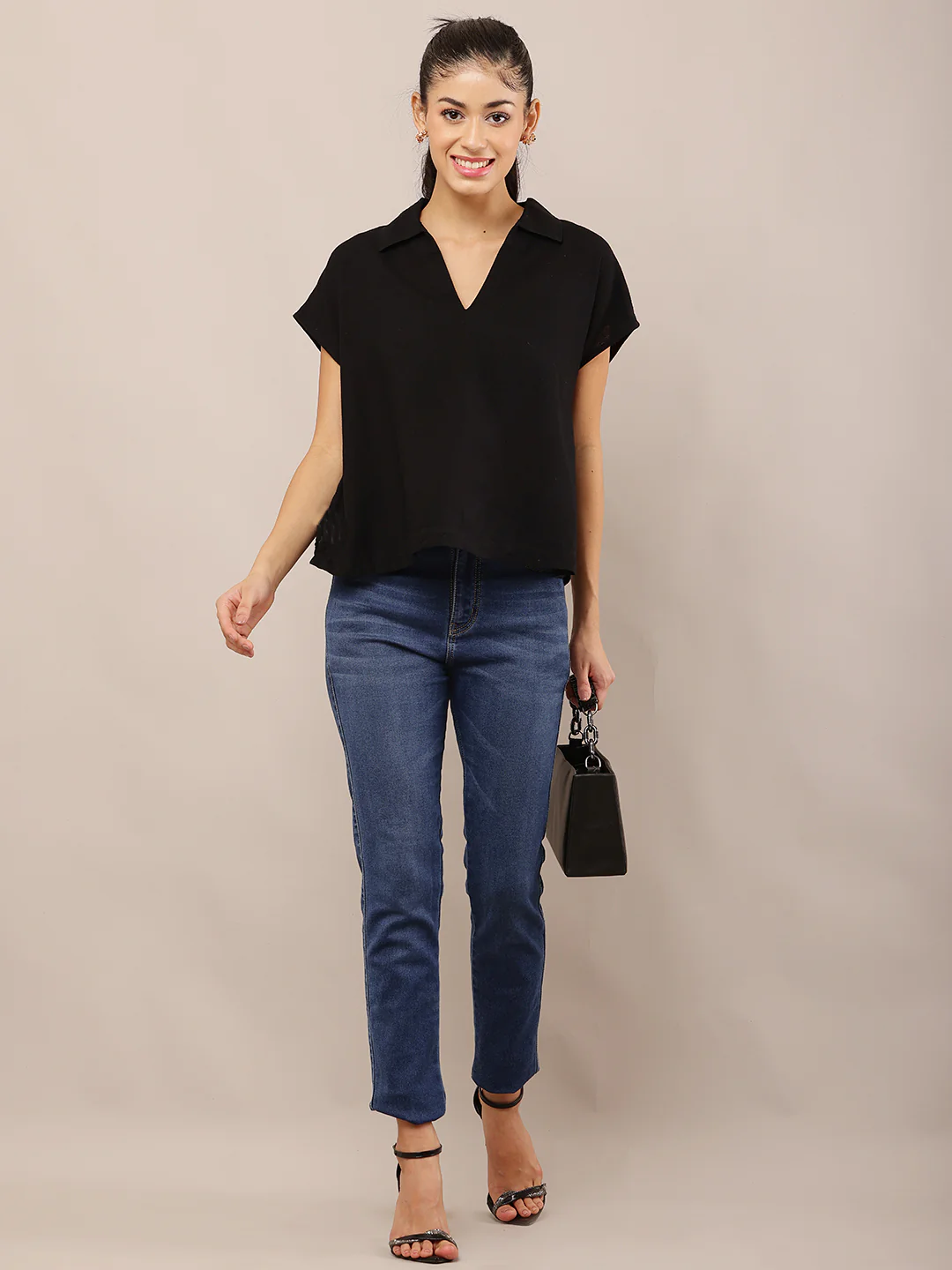Women Black Linen Blend V-Neck Relaxed Top - Image 3