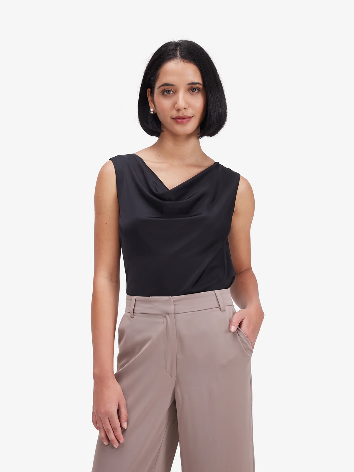 Women Black Lustrous Cowl Neck Satin Top
