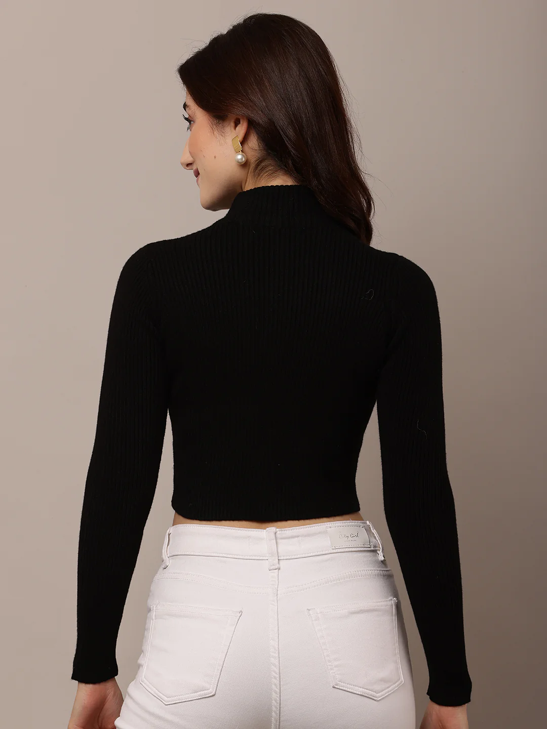 Women Black Rib Zip Turtle Neck Sweater - Image 4