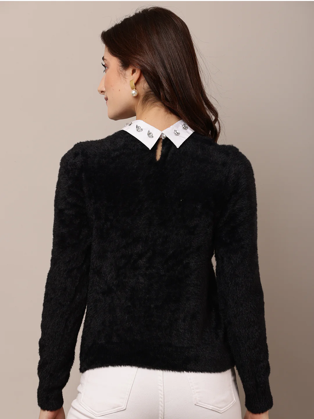 Women Black Round Neck Nylon Sweater - Image 4