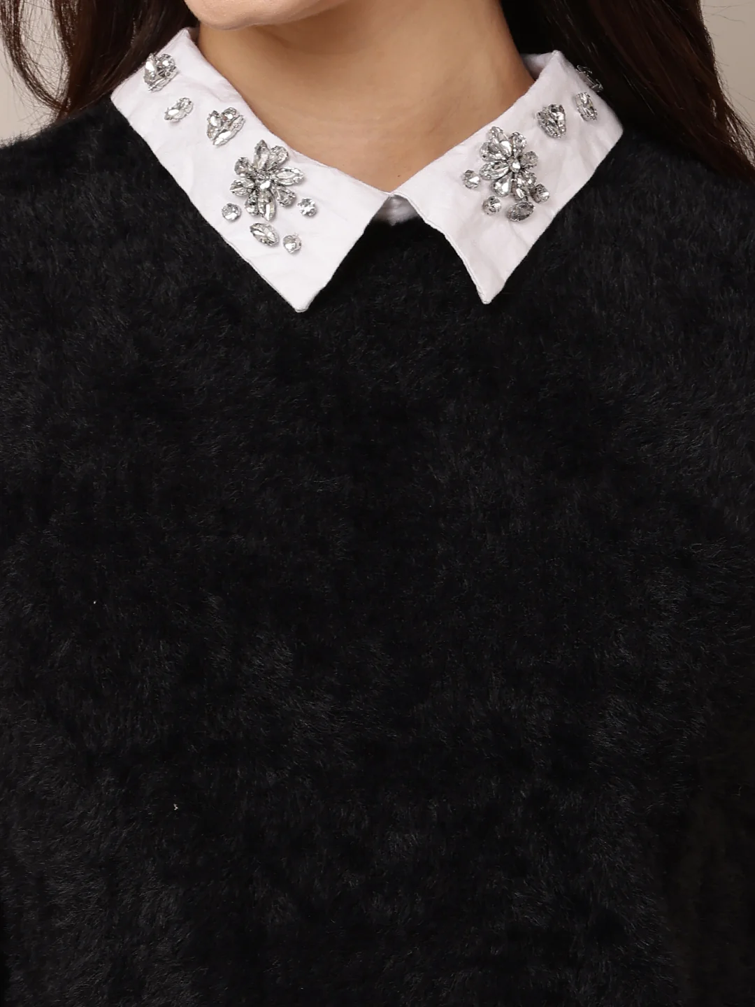 Women Black Round Neck Nylon Sweater - Image 5