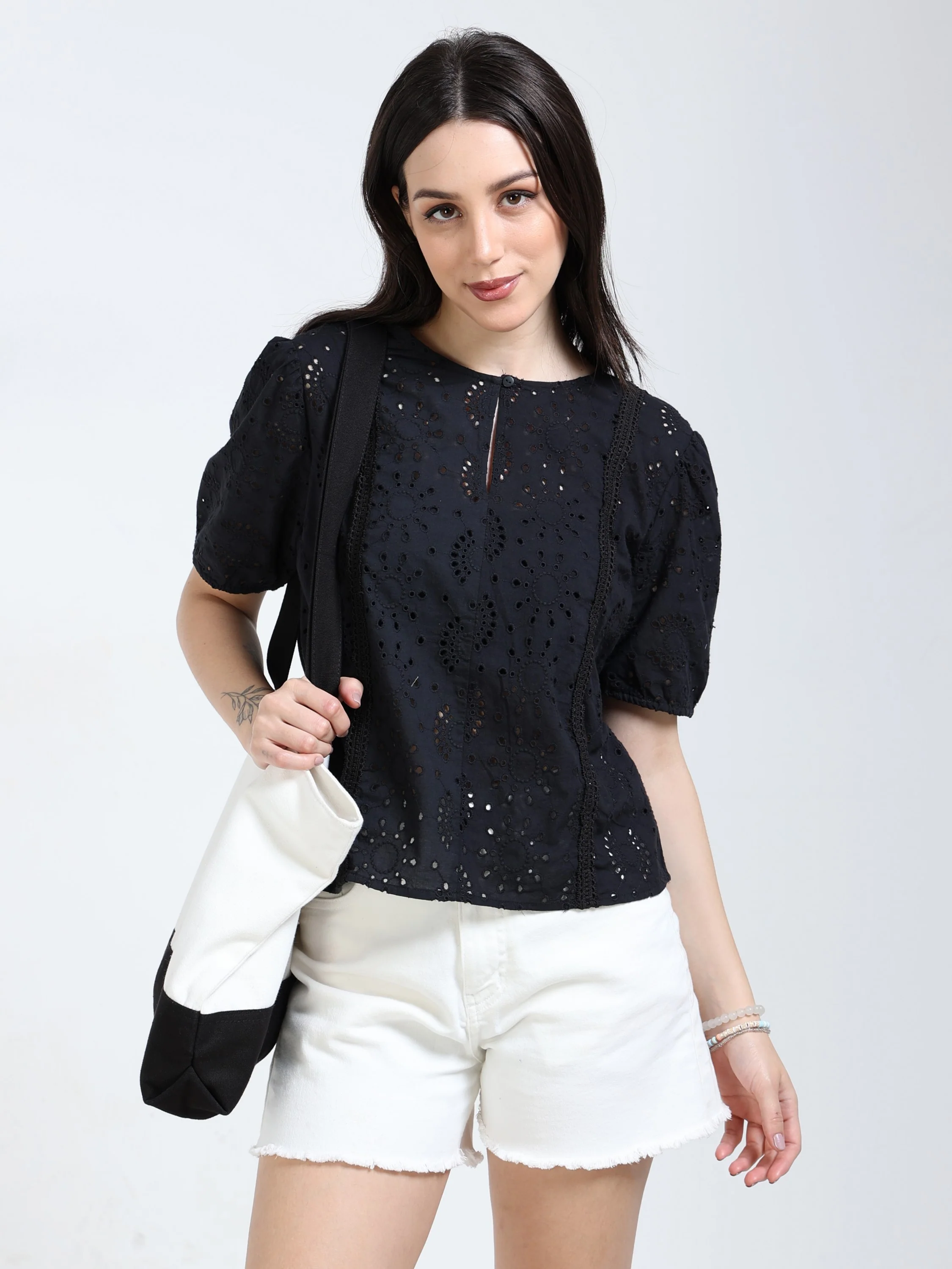 Women Black Shiffli Lace Top