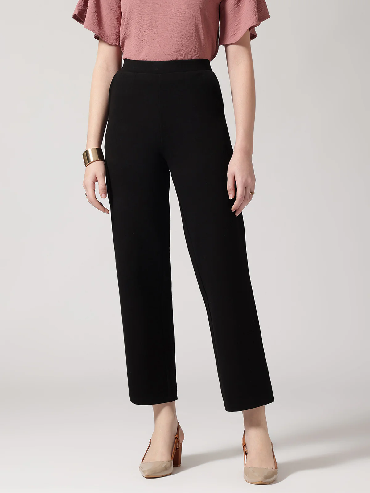 Women Black Solid High-Rise Trousers