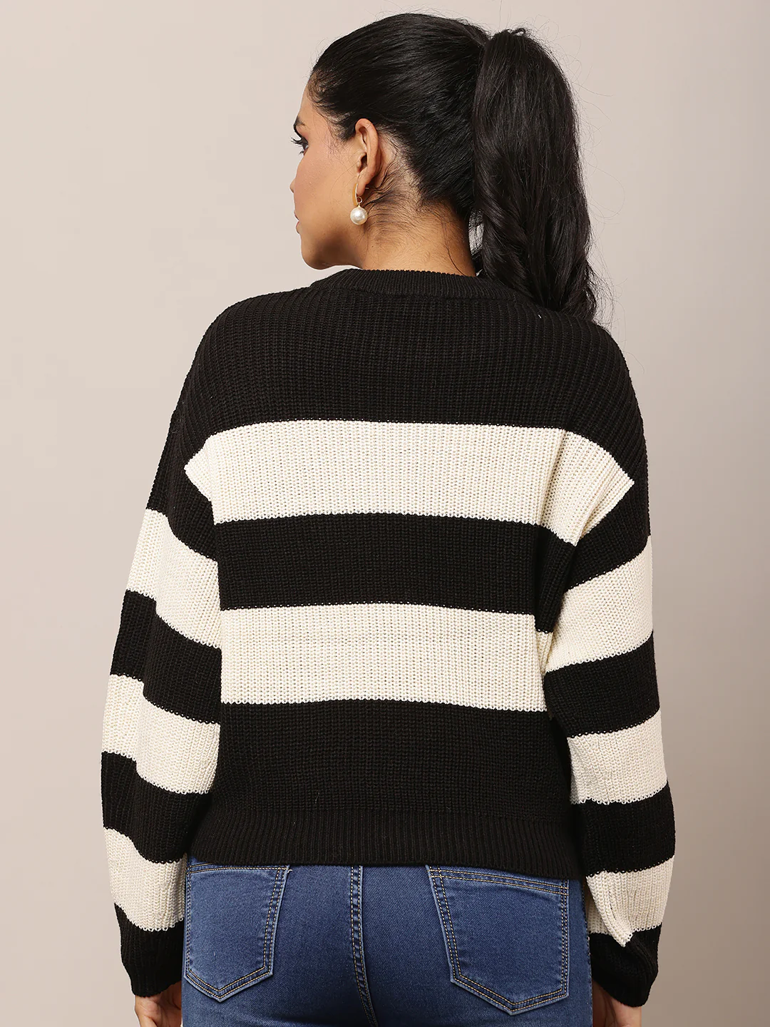 Women Black Striped Baggy Sweater - Image 4