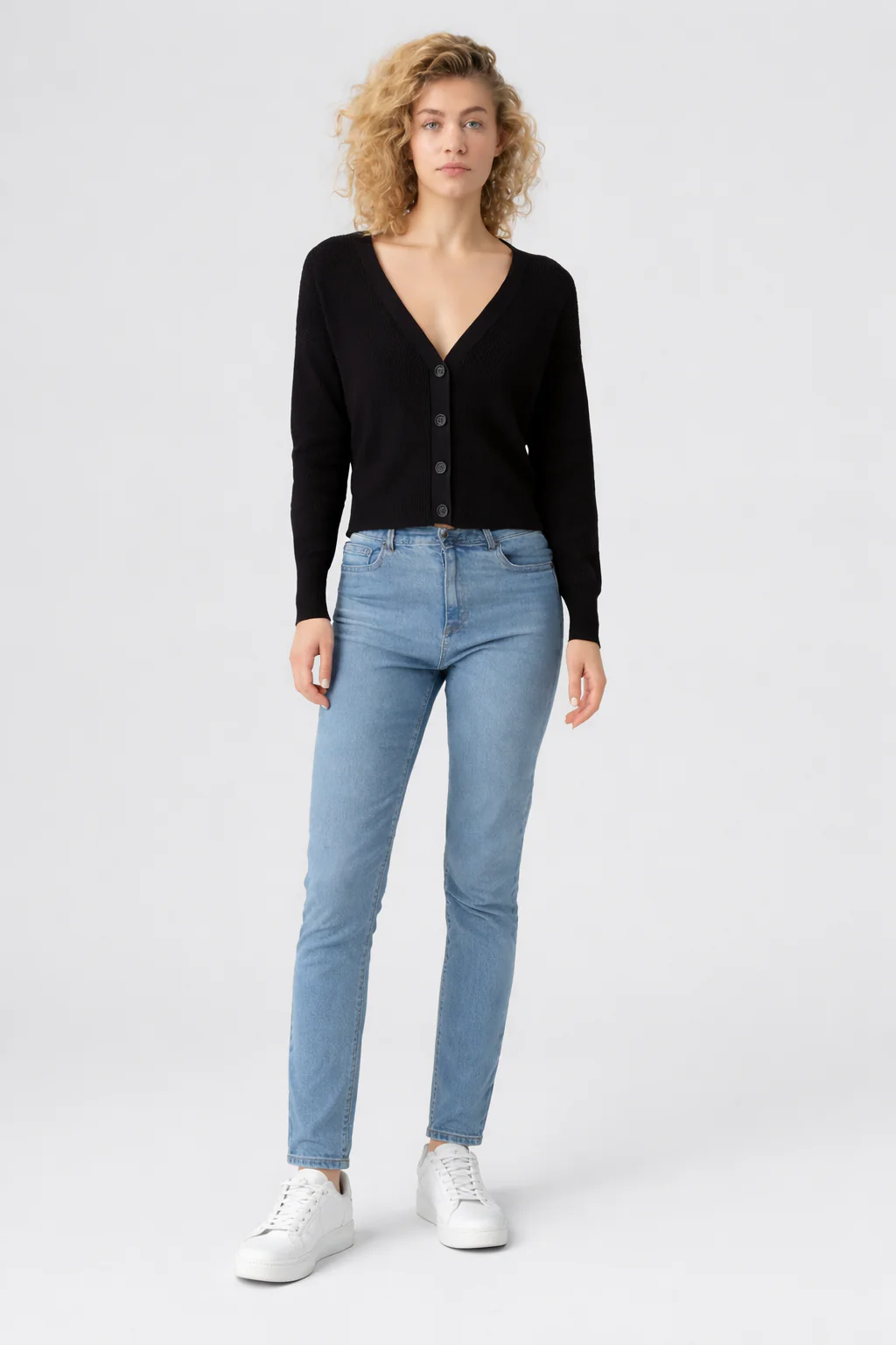 Women Black V-Neck Button Down Sweater - Image 4