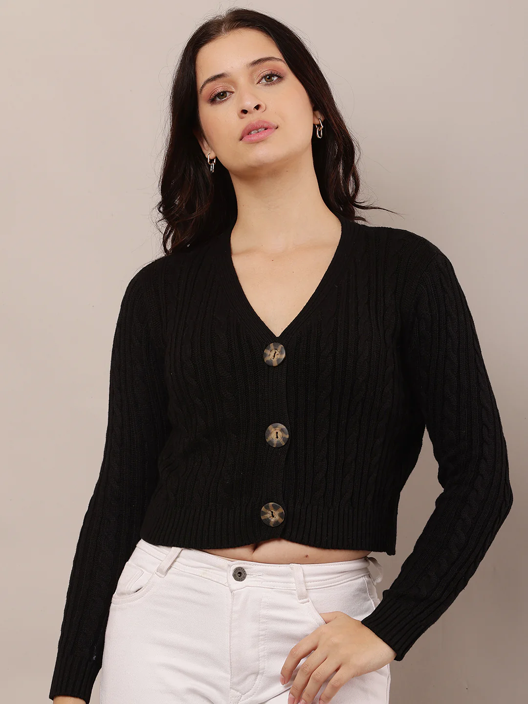 Women Black V-Neck Cotton Cardigan