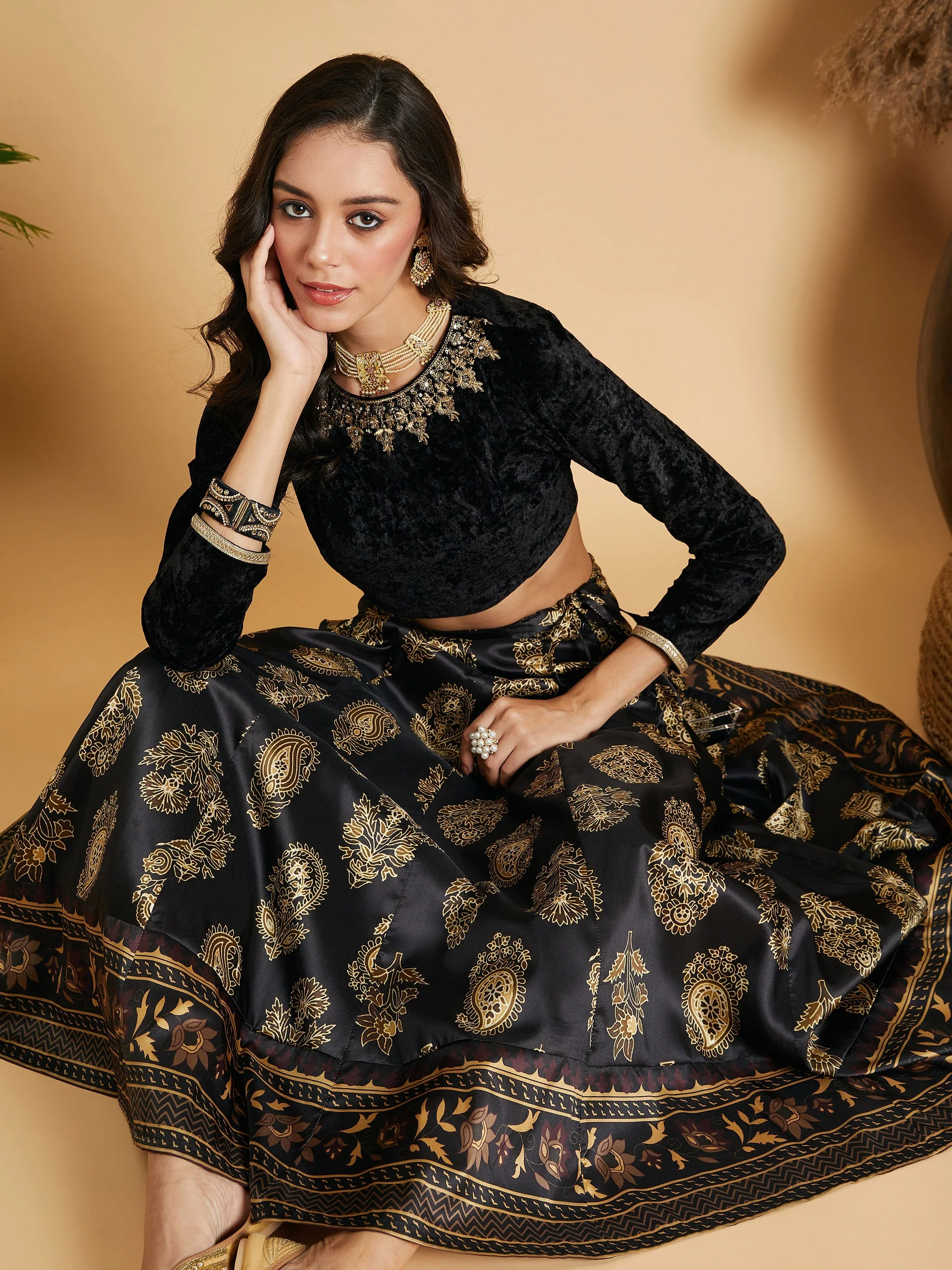 Women Black Velvet Embroidered Full Sleeves Crop Top - Image 2