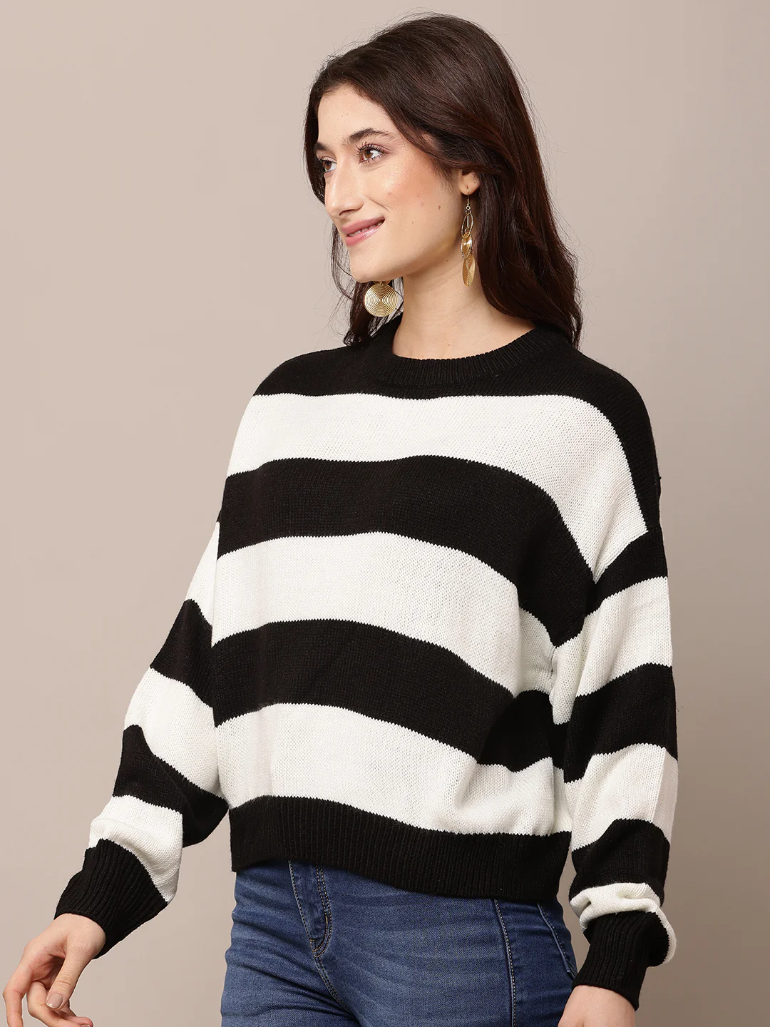 Women Black & White Striped Acrylic Sweater - Image 2