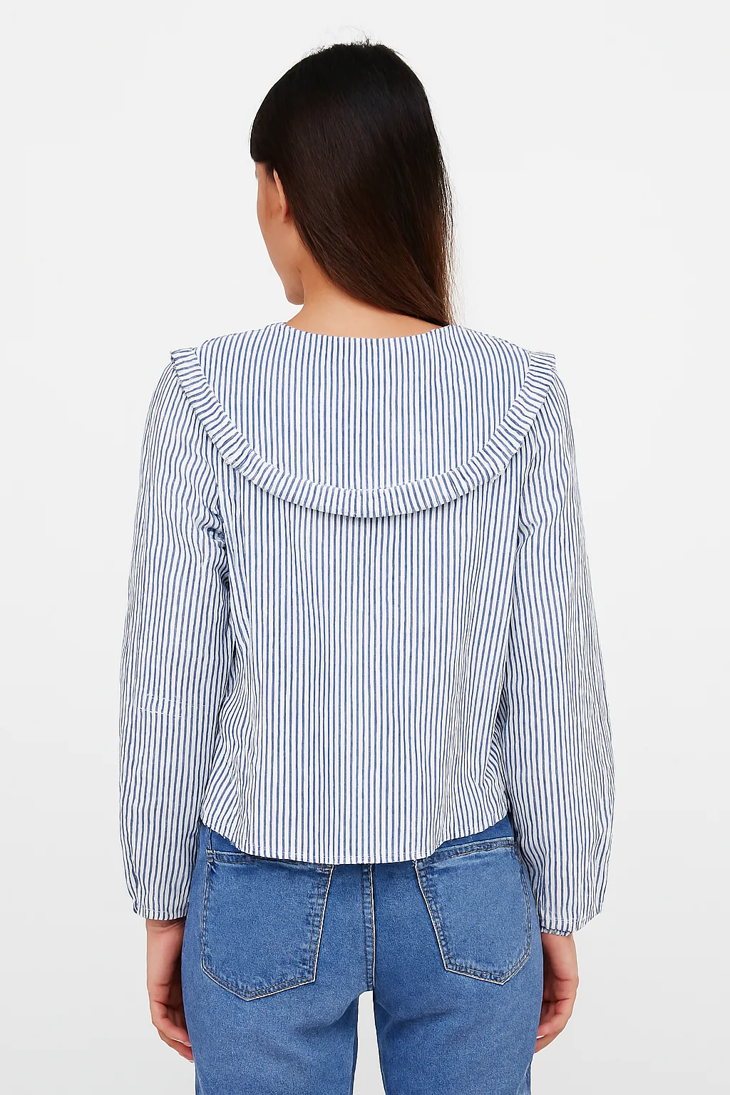 Women Blue Cotton Gingham Frill Collar Shirt - Image 2