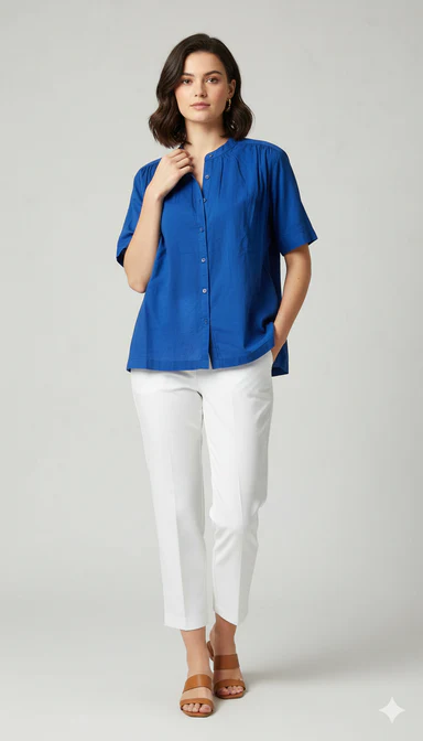 Women Blue Cotton Shirt Style Top - Image 5