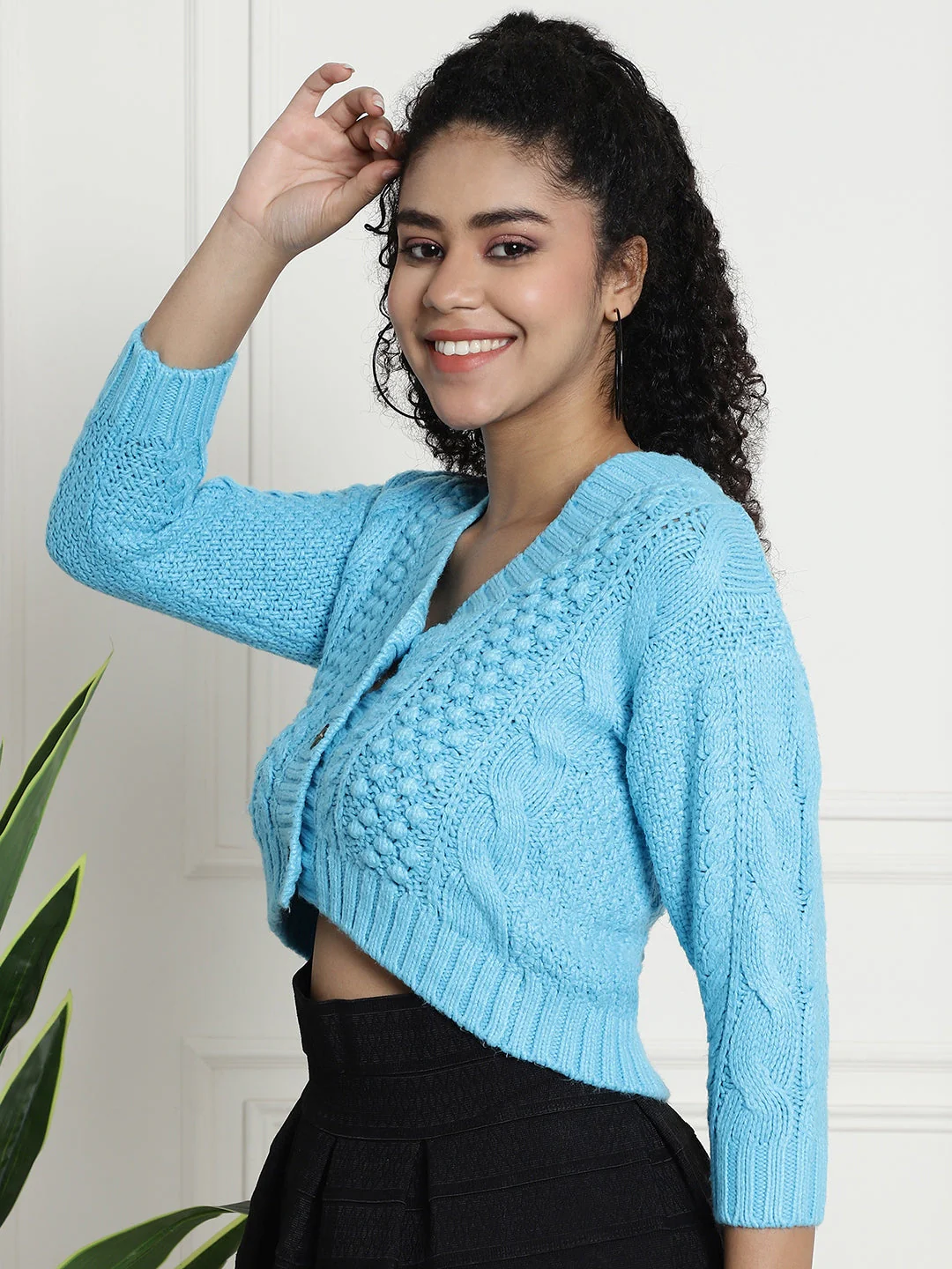 Women Blue Crop Cardigan - Image 2