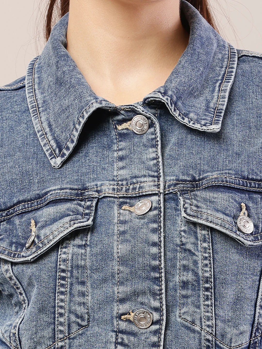 Women Blue Denim Shirt Collar Jacket - Image 5