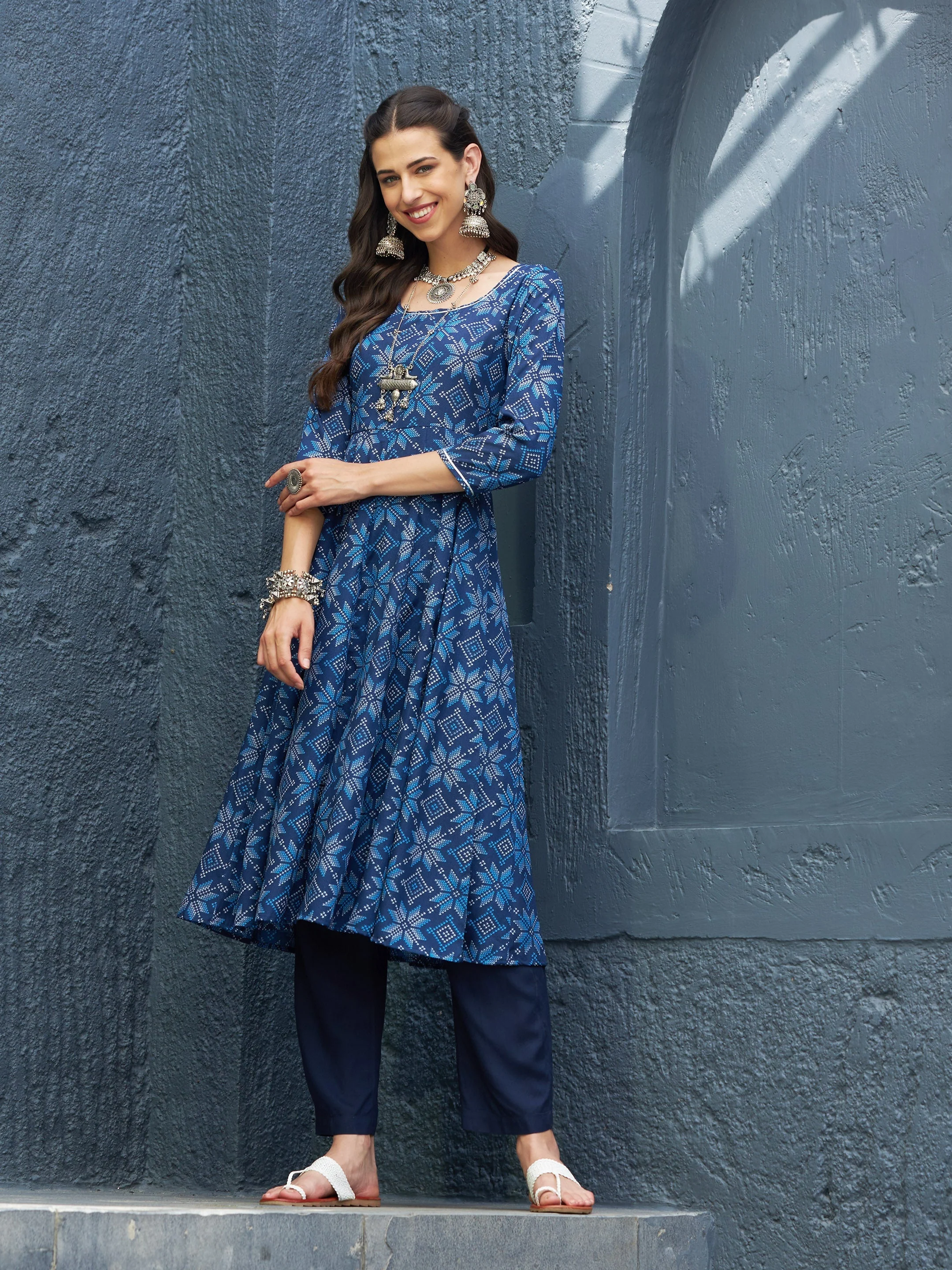 Women Blue Floral Anarkali Kurta - Image 2
