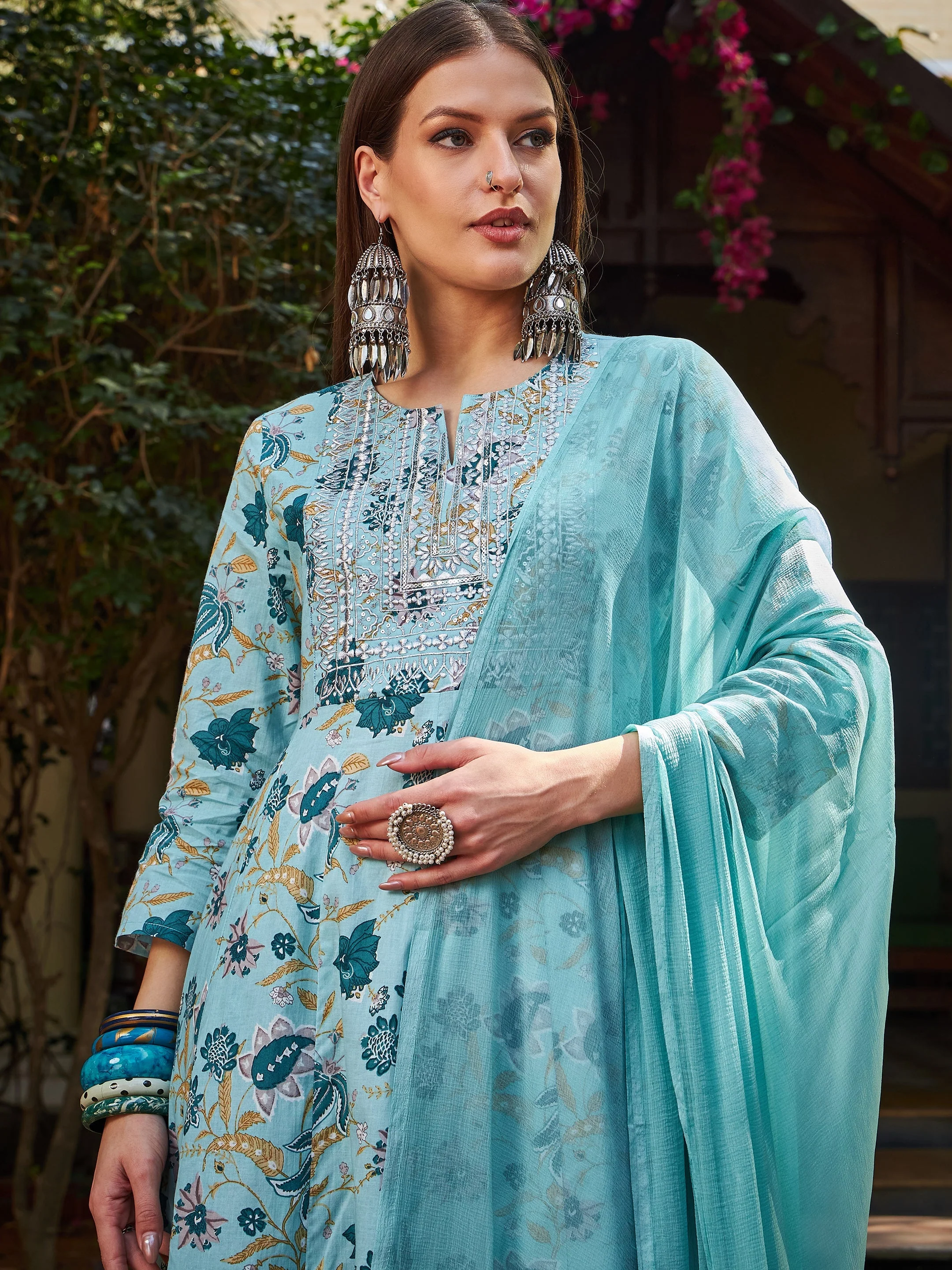 Women Blue Floral Anarkali Kurta With Pencil Pants & Dupatta