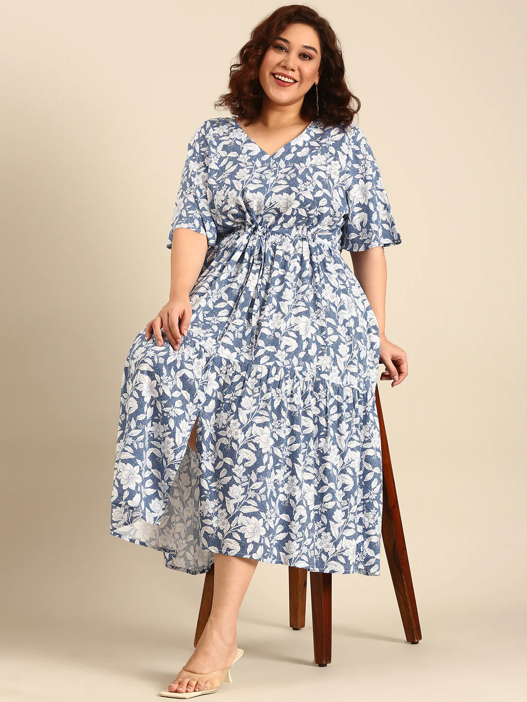 Women Blue Floral Printed Dress with Waist Tie - Image 7