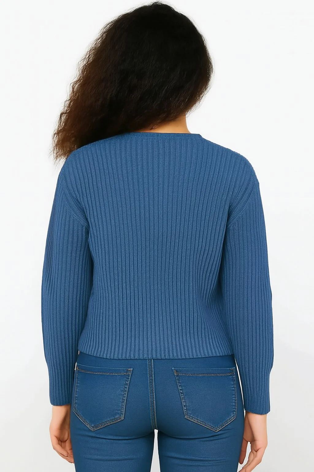 Women Blue Full Sleeve Acrylic Down Shoulder Cardigan - Image 3