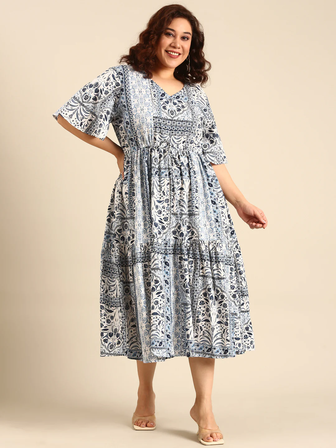Women Blue Printed Dress With Waist Tie - Image 6