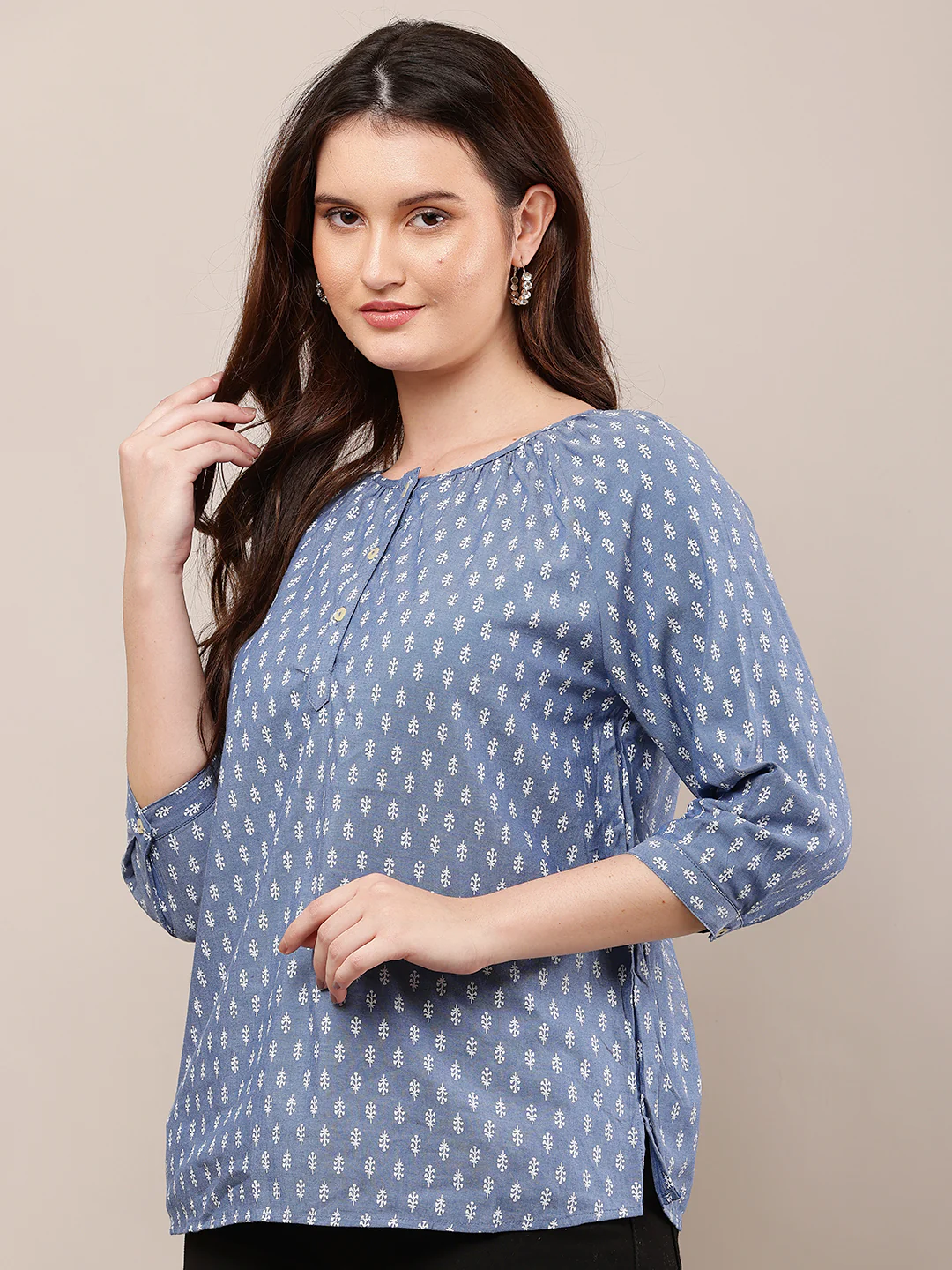 Women Blue Printed Top with 3/4th Sleeves - Image 2