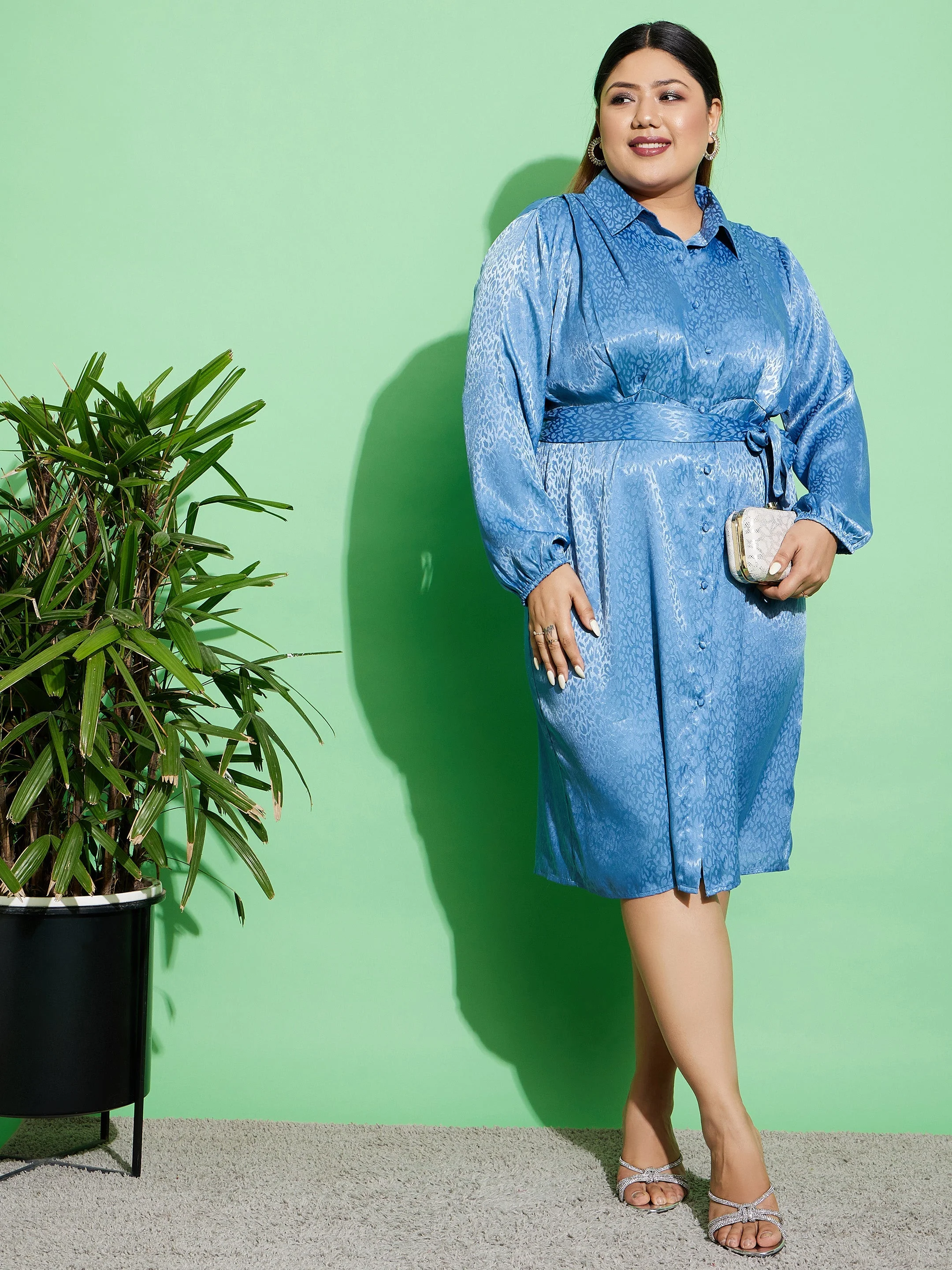 Women Plus Size Blue Satin Jacquard Belted Shirt Dress